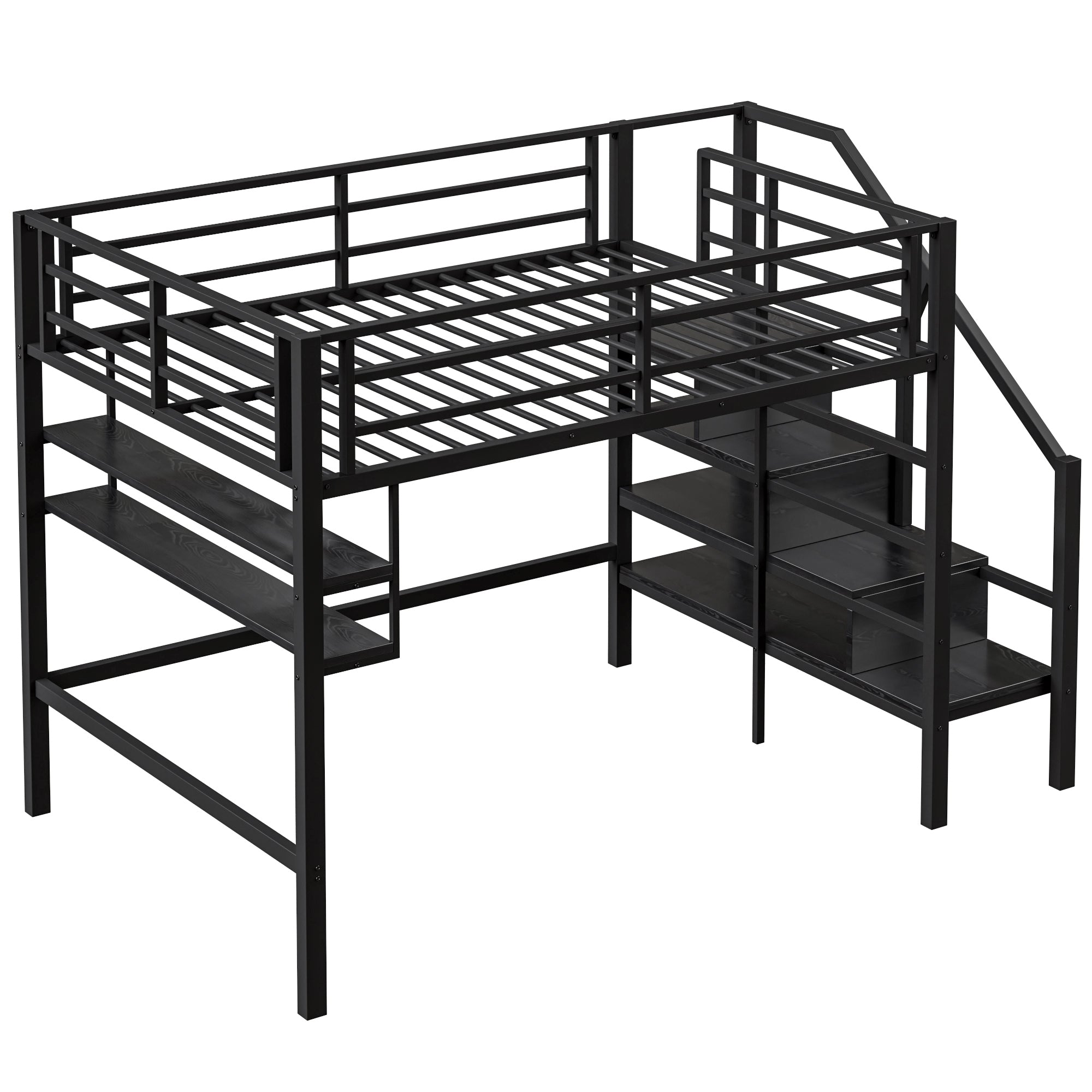 Loft Bed 140x200cm Storage Ladder Shelves Railing Black