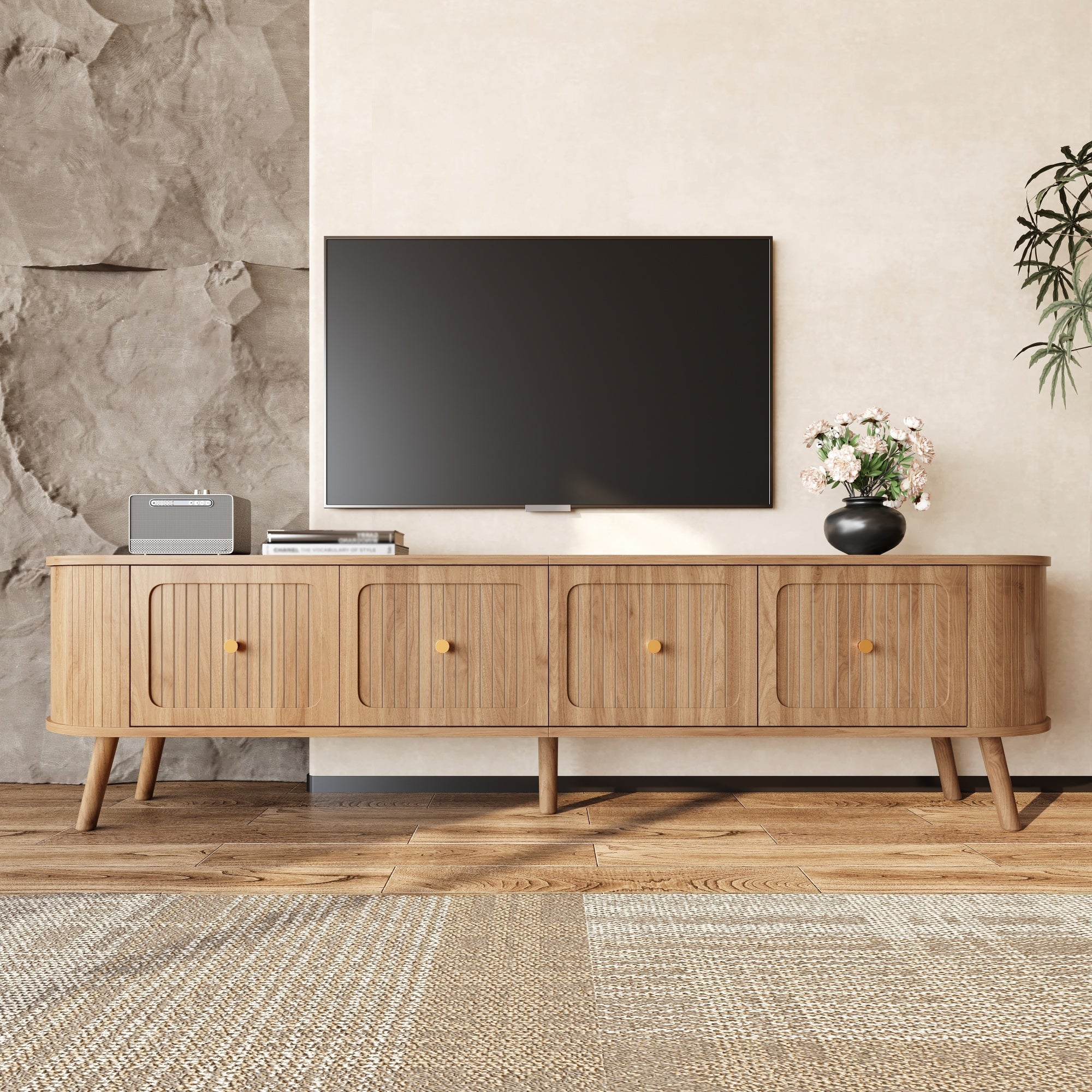 Modern TV Cabinet with 4 Doors and Gold Handles, Oak finish