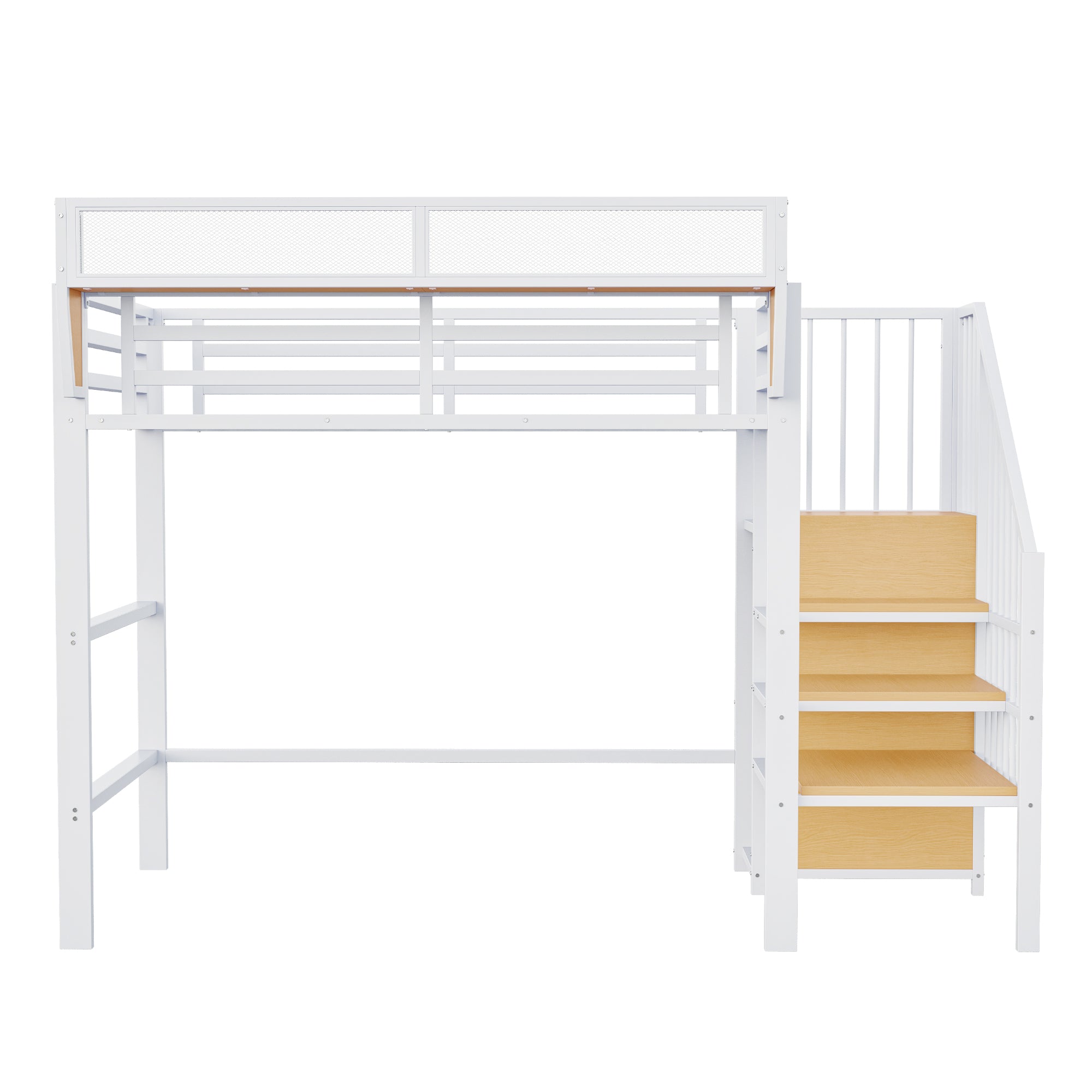 Loft Bed with Safety Ladder and Flexible Storage, 90x200cm, White Metal