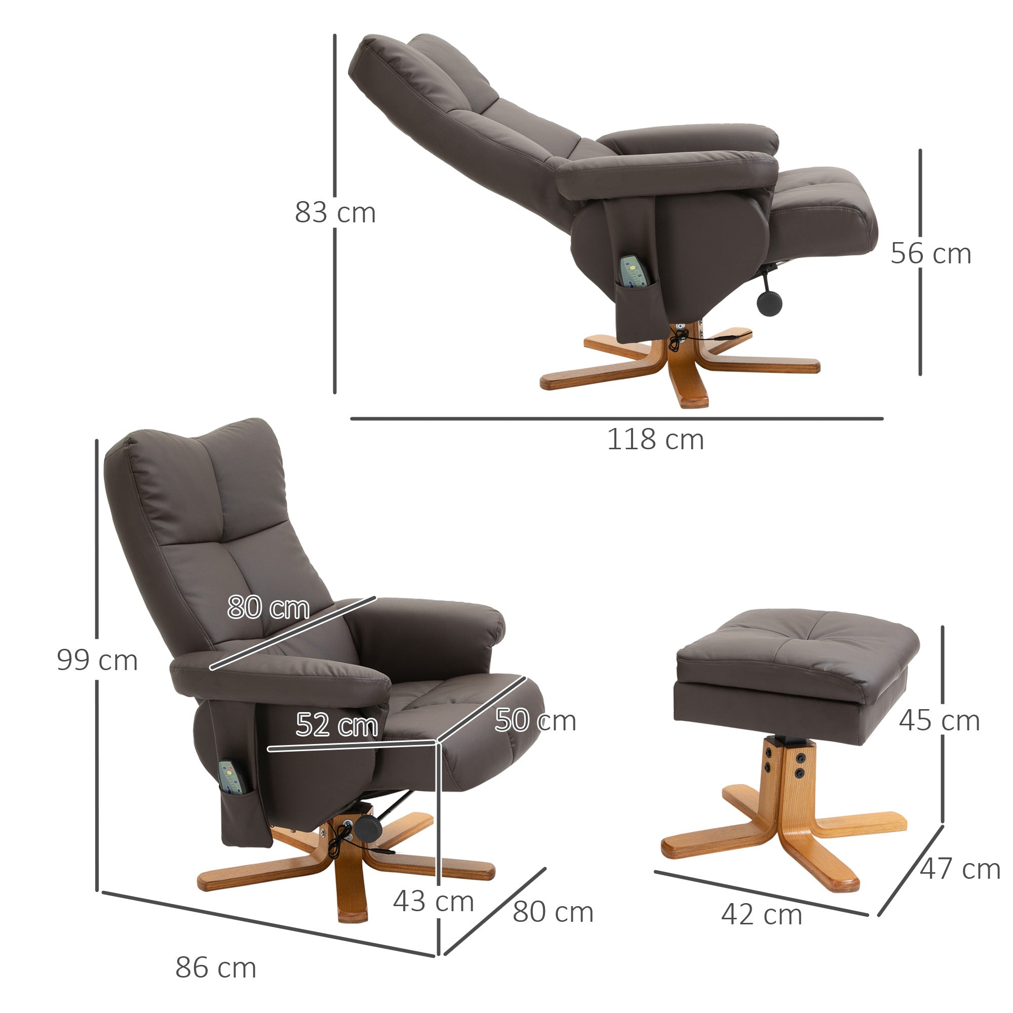 Relaxliege, Massagesessel mit Fußhocker 145° Neigung, 10 Vibrationspunkte, Kunstleder Braun
