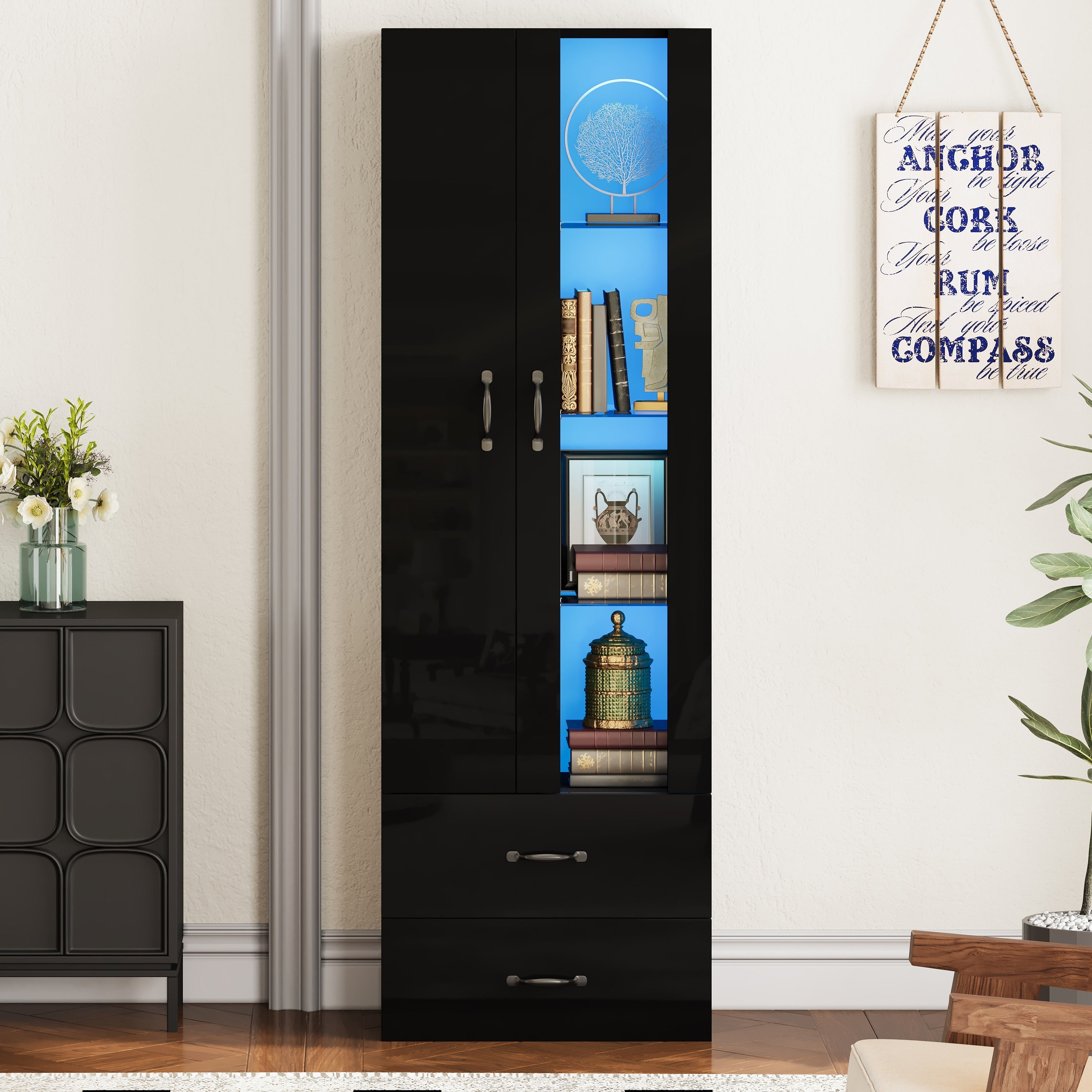 LED Display Cabinet Freestanding 2 Doors - Black