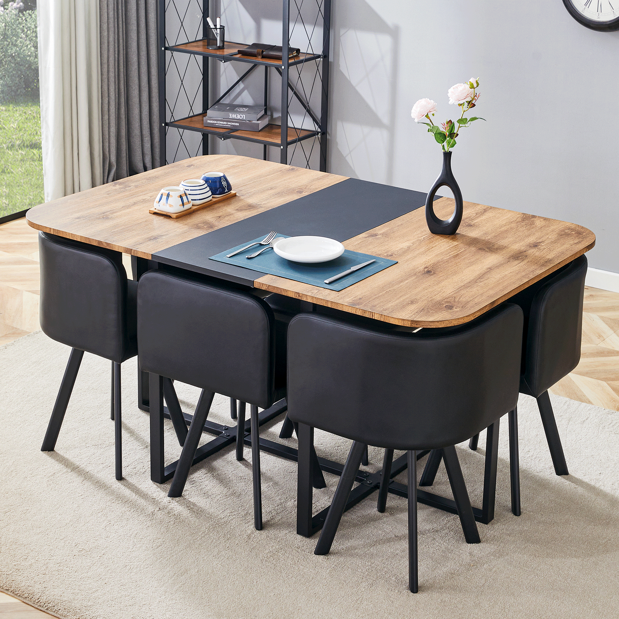 Dining Table Set Extendable Stowable Chairs 4-6 Person Wood Grain Black Metal