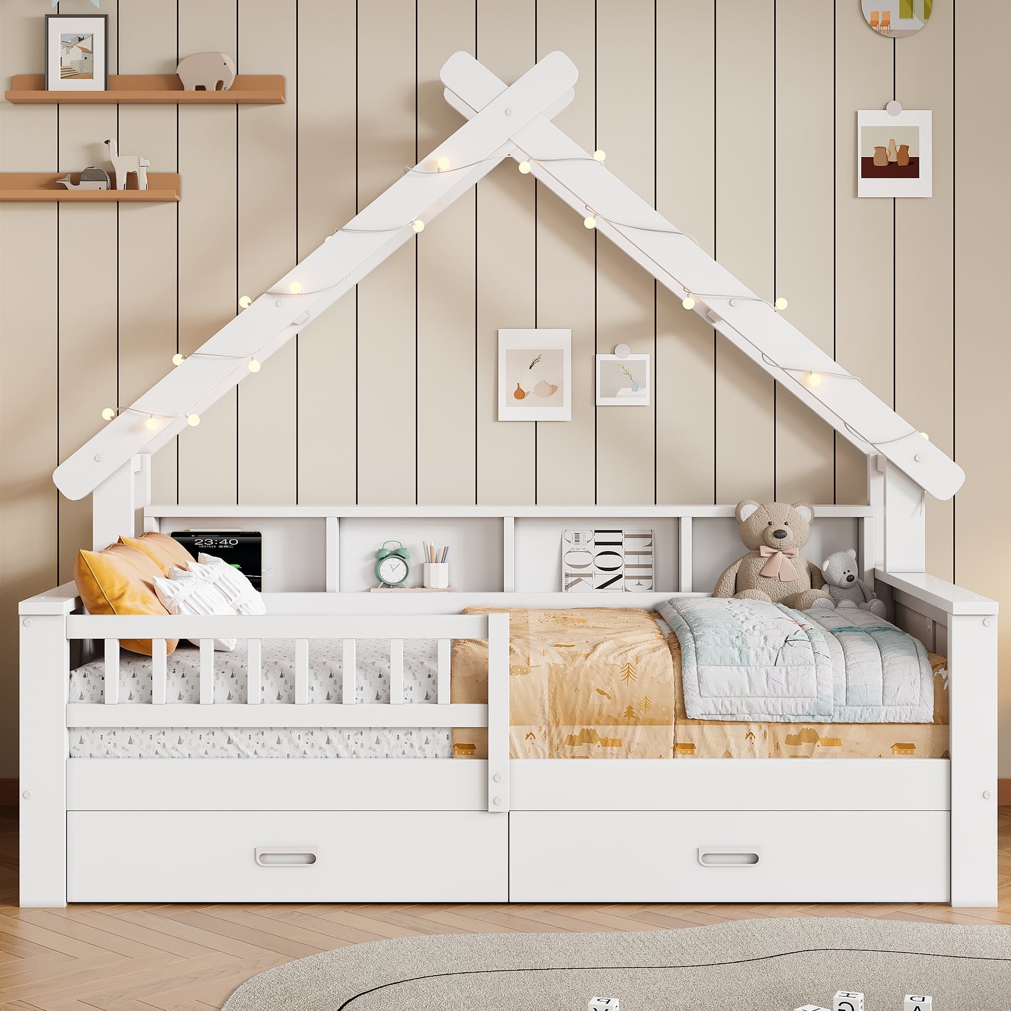 Wooden House Platform Bed with LED Lighting, Storage and Safety Rails, White