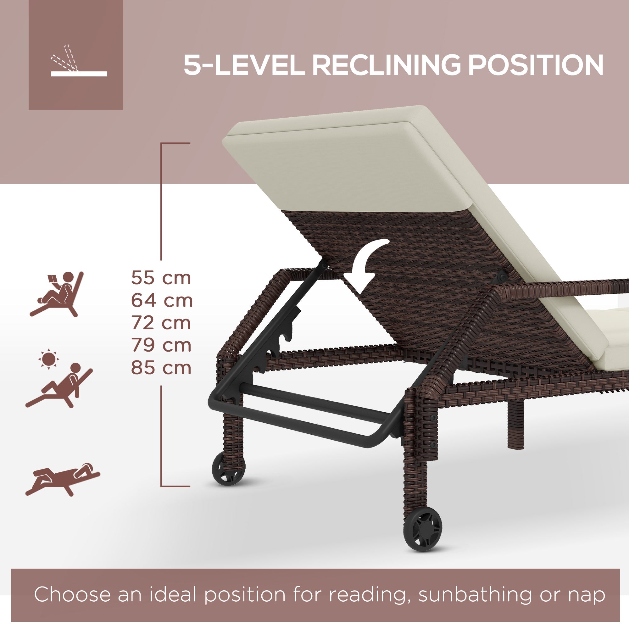 Outdoor Sun Lounger, Chaise Recliner 5-Level Adjustable Back with Wheels, Rattan Wicker