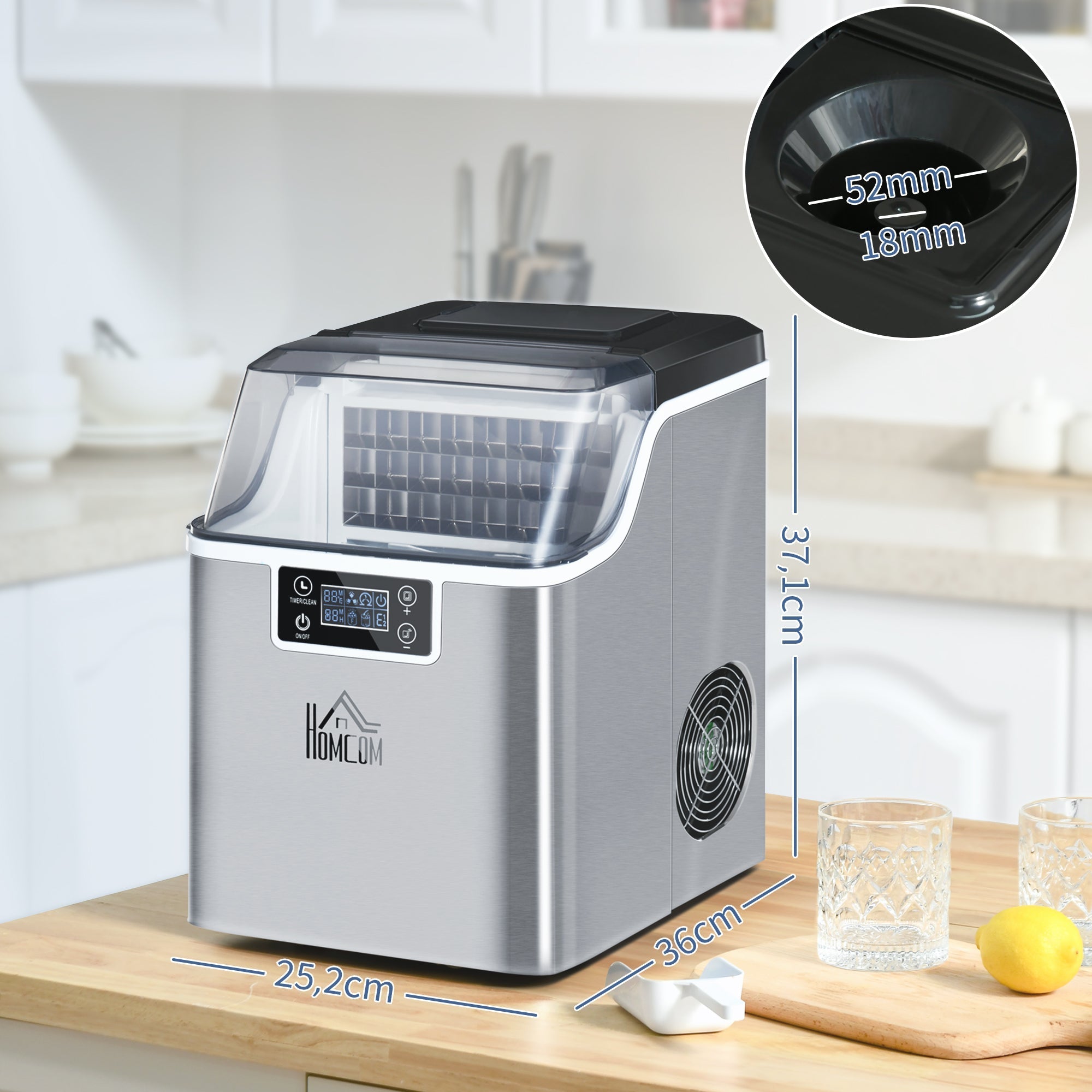 Ice Cube Maker, 20 kg/24h, 2.3L/3.2L, Automatic Cleaning, Stainless Steel, Silver