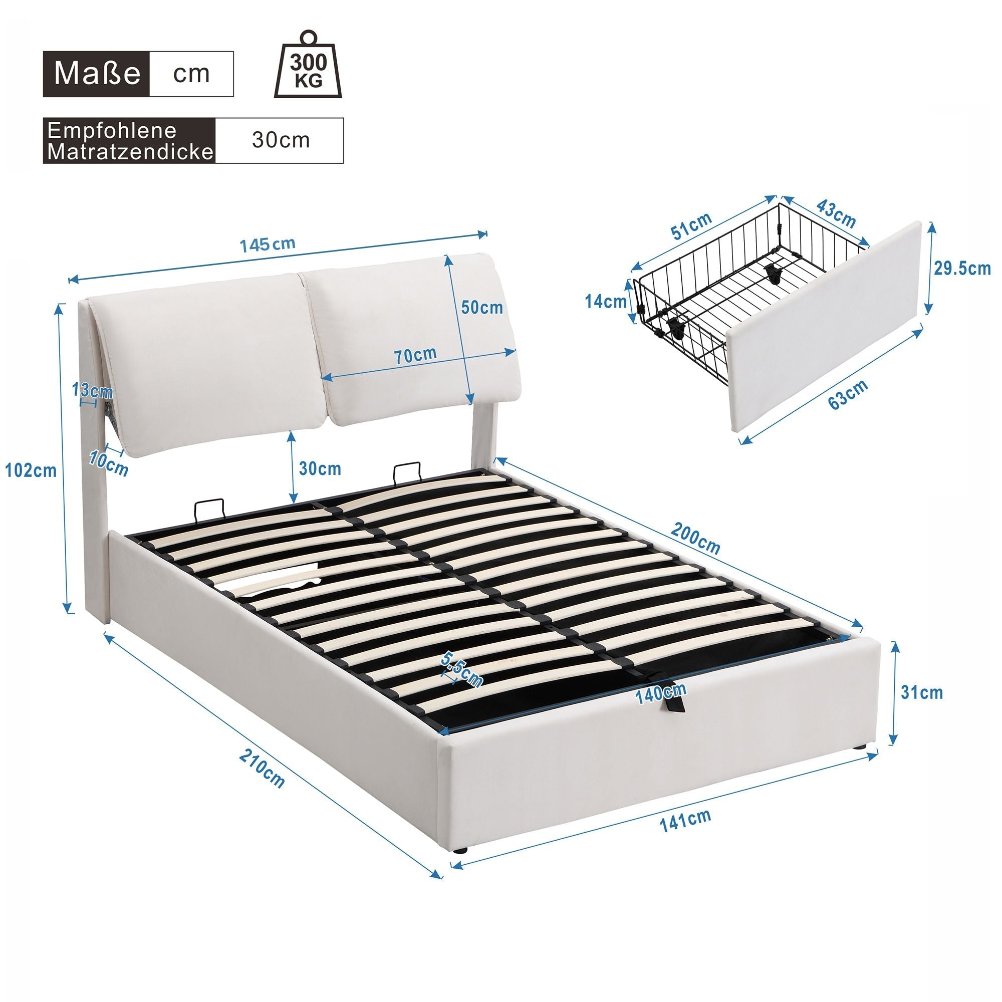 Upholstered Bed with Hydraulic Storage and 3 Drawers, 140x200cm, Beige Velvet