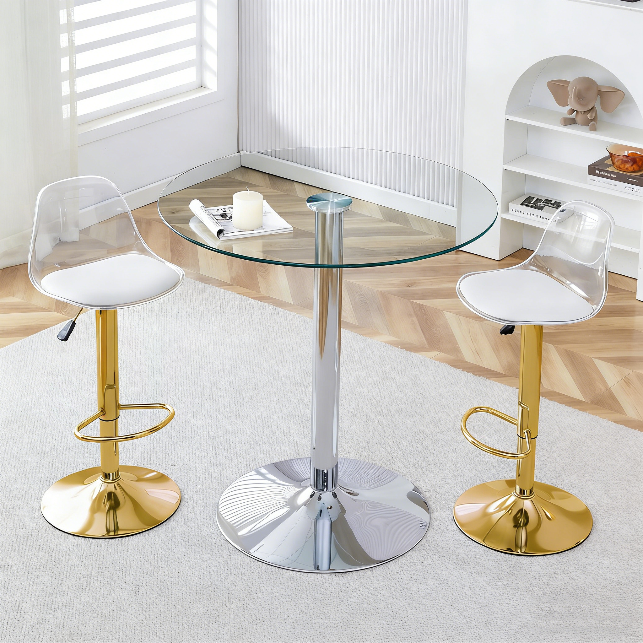 Bar Set Glass Table & 2 Stools Adjustable Swivel - Gold Legs