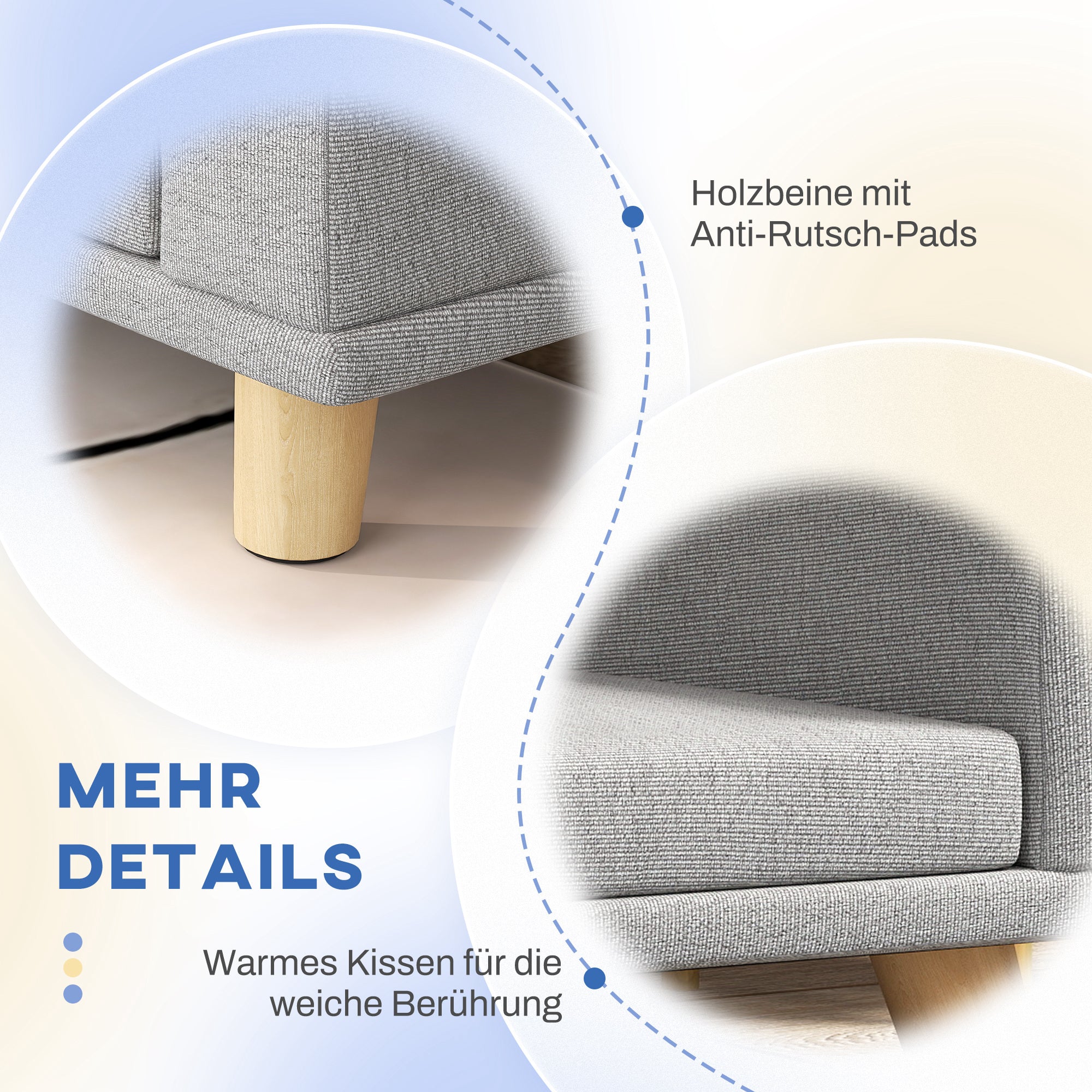 Hundesofa, erhöht, mit Kissen, Holzbeine, Grau