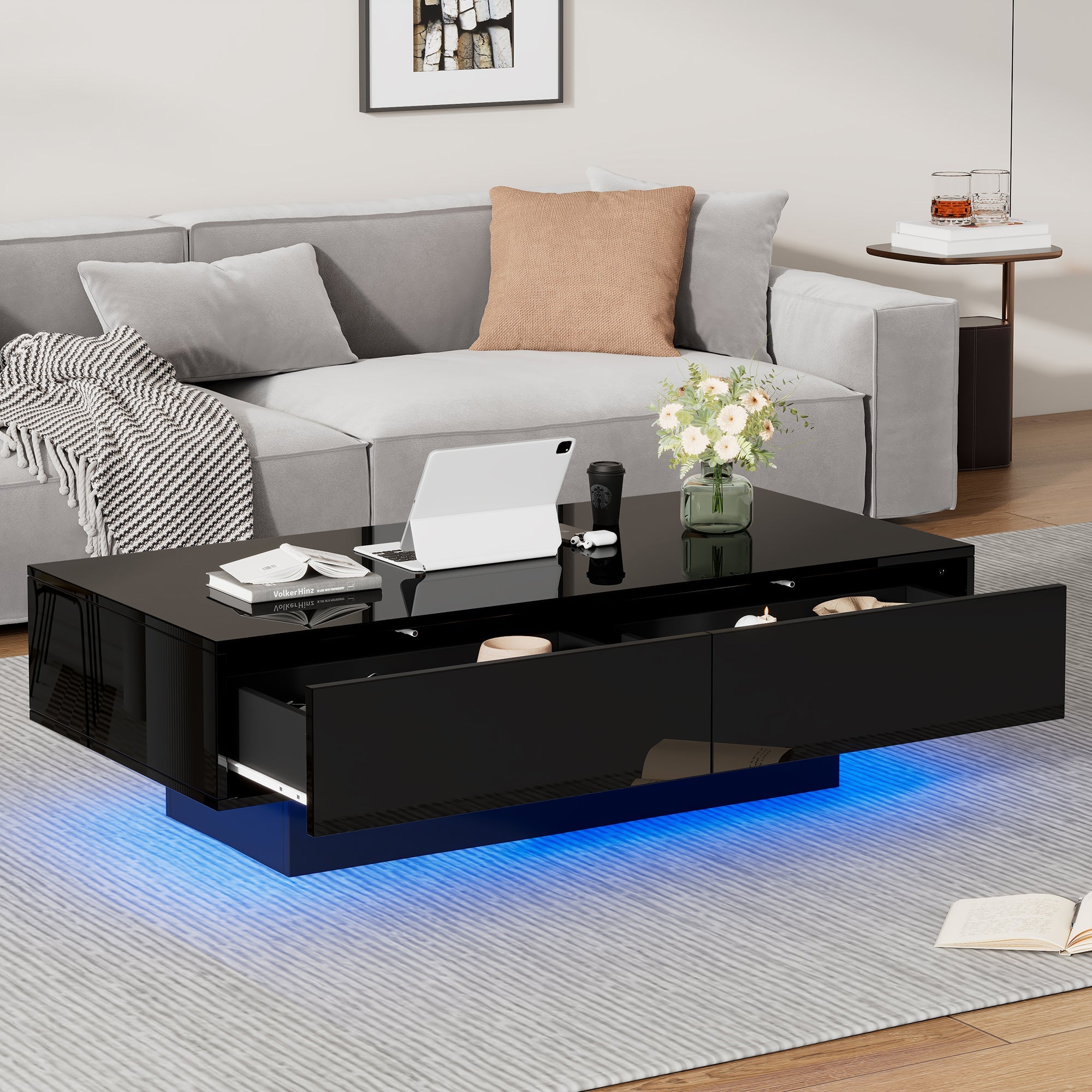 Modern Coffee Table, 115x55x34cm with 2 Drawers, LED Lighting, Black High-Gloss