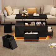 Coffee Table, 4-in-1 Height Adjustable LED with 2 Drawers, High-Gloss Black