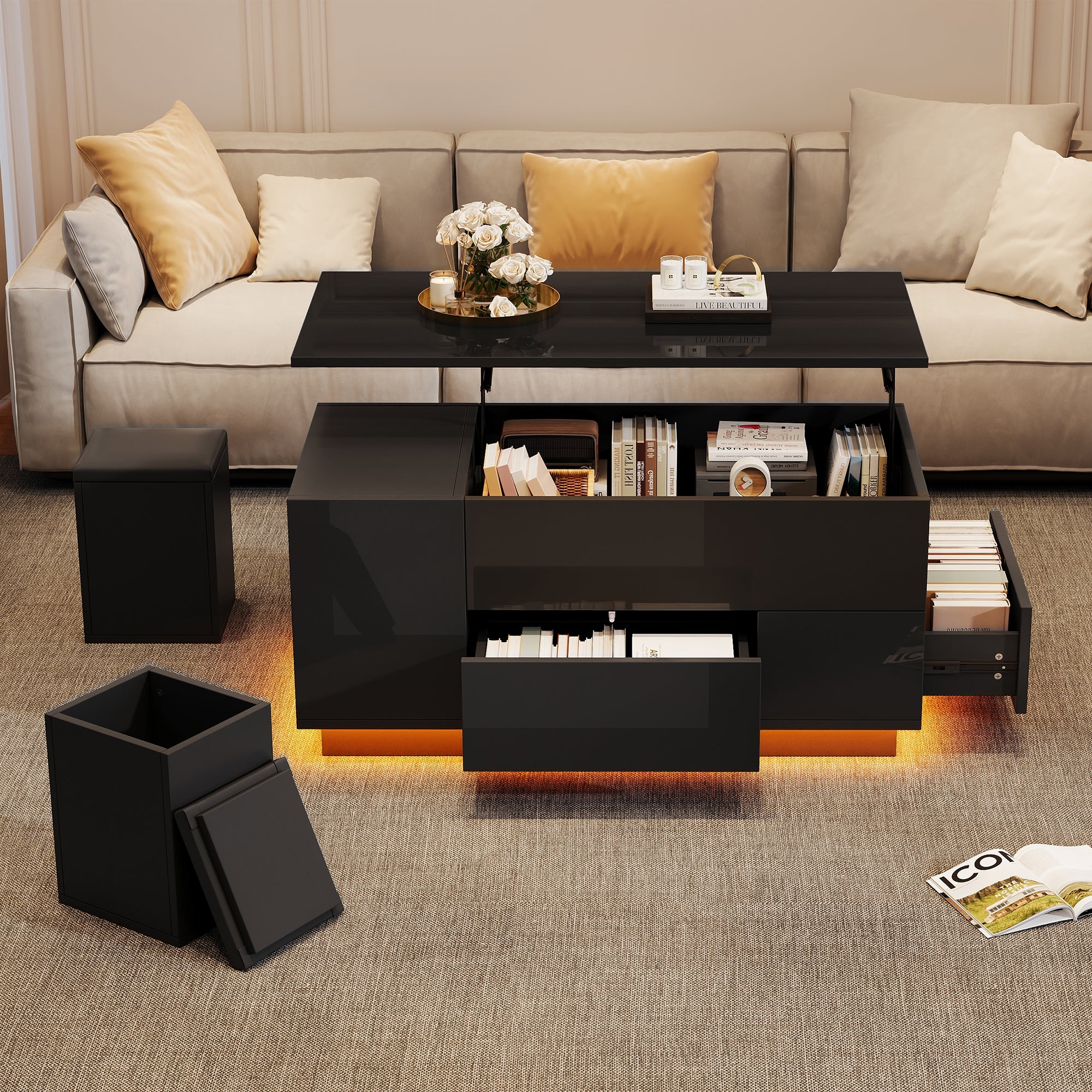 Coffee Table, 4-in-1 Height Adjustable LED with 2 Drawers, High-Gloss Black