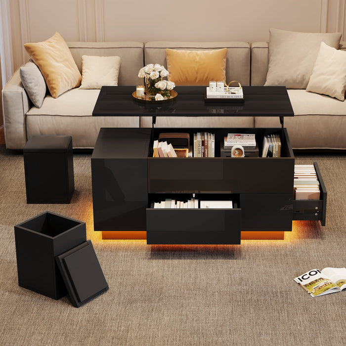Coffee Table, 4-in-1 Height Adjustable LED with 2 Drawers, High-Gloss Black
