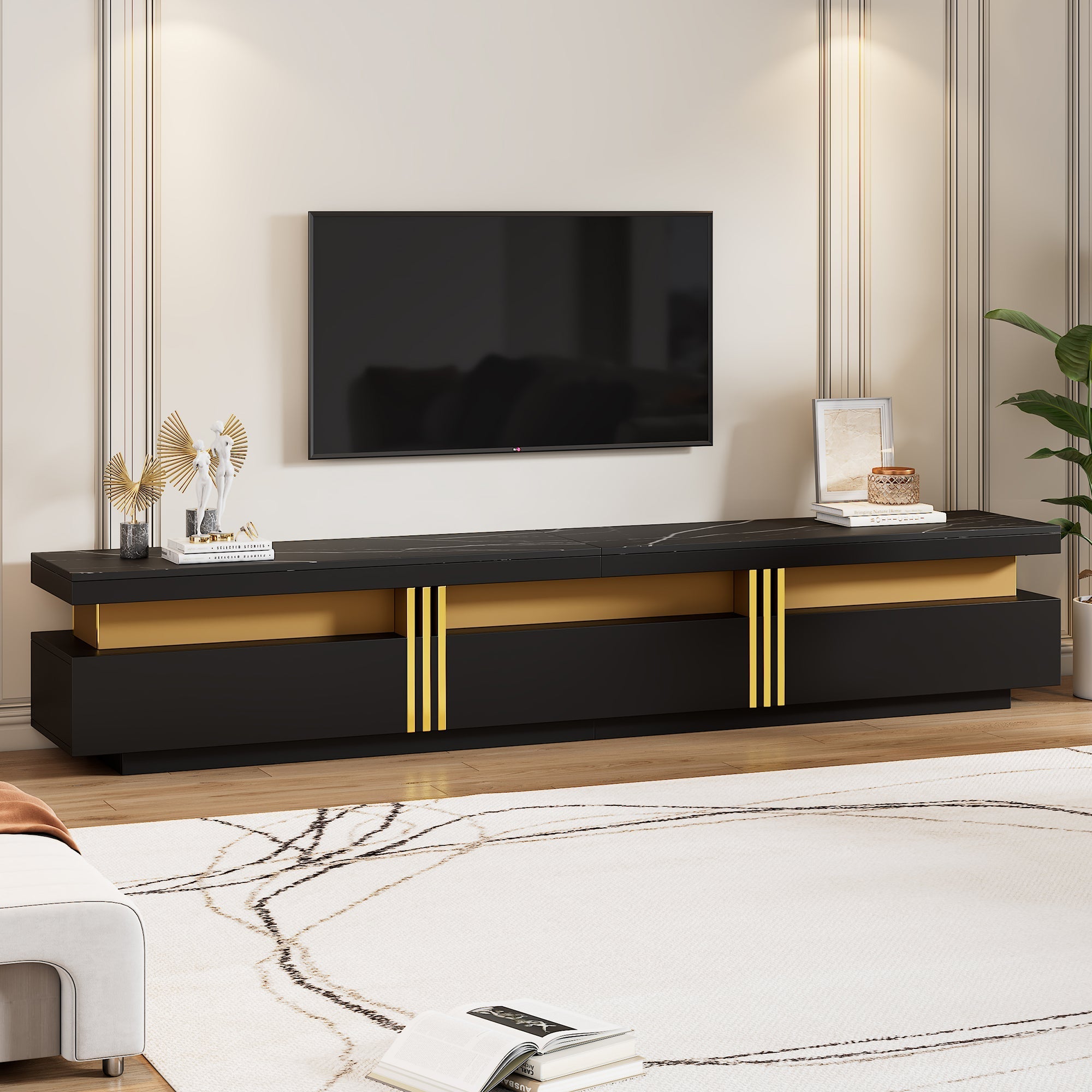Lowboard TV Cabinet, Modern Marble Look with 3 Drawers, for up to 90-inch TVs