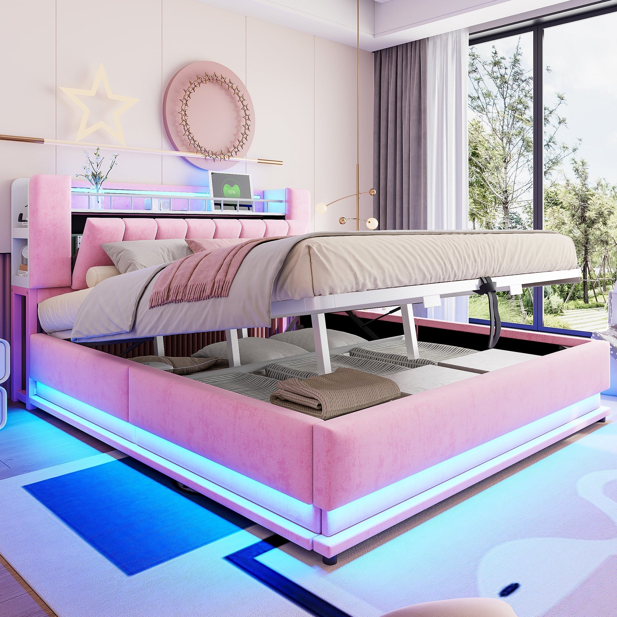 Smart Upholstered Bed with LED Lighting, USB and Hydraulic Storage, 180 x 200 cm, Pink Velvet