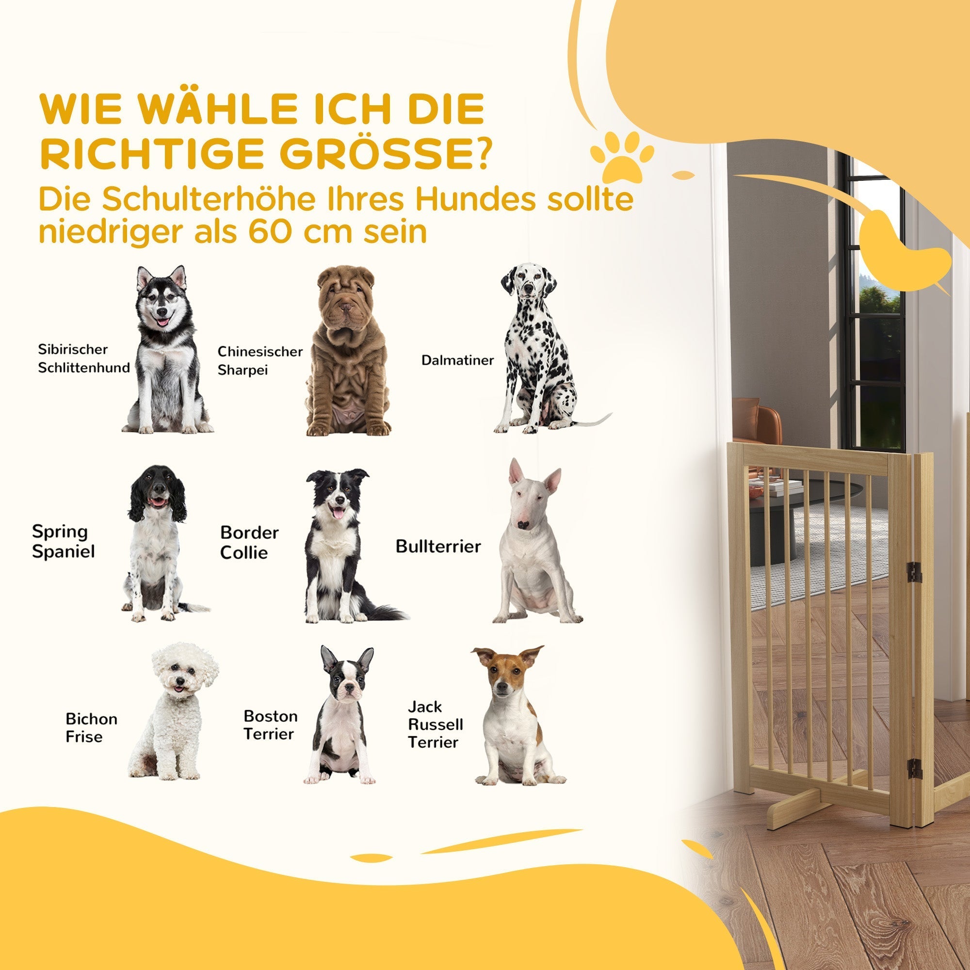 Dog Safety Gate, 4-Piece Foldable Freestanding Door, Wooden