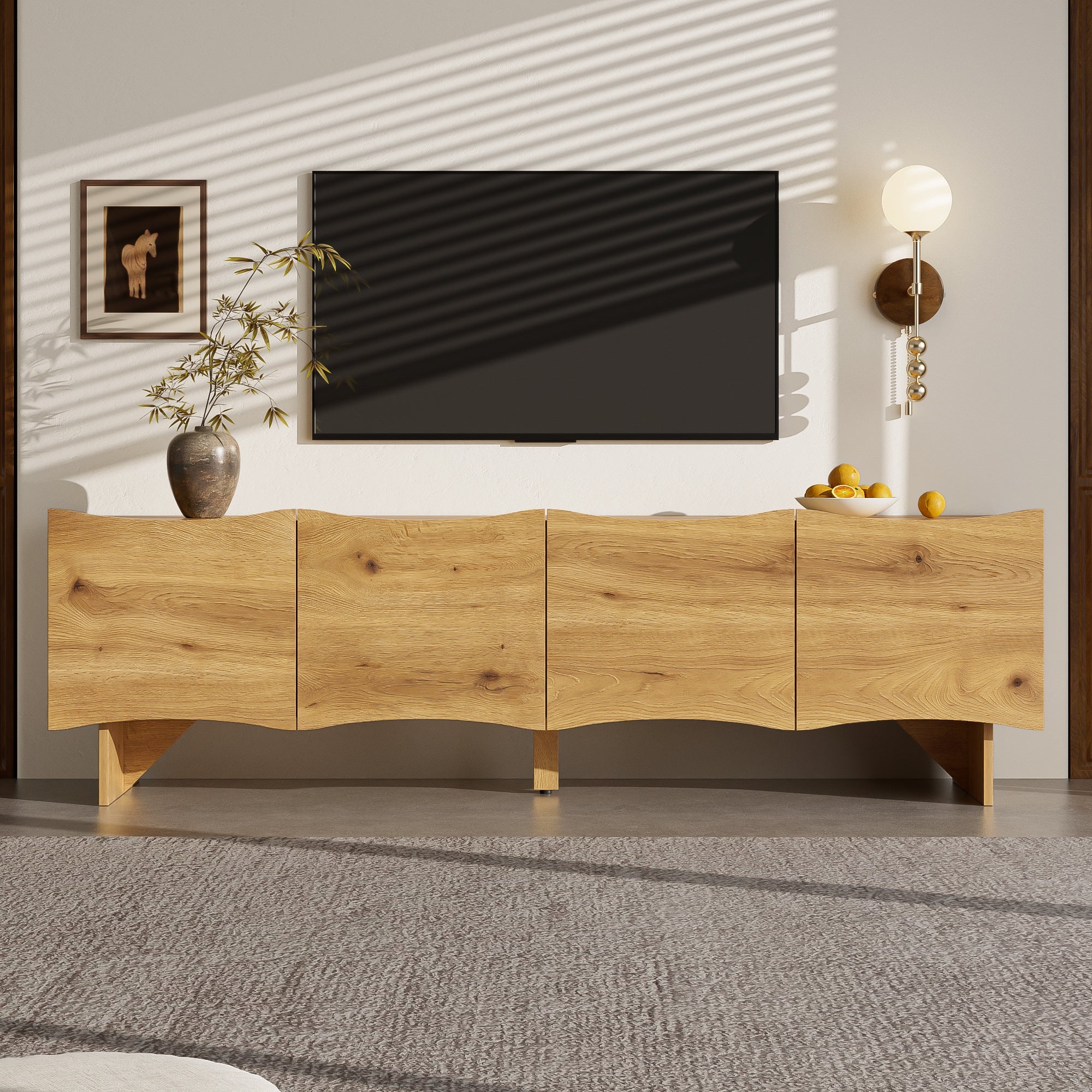 Modern TV Cabinet, 155cm Media Console with 4 Doors & Storage, Wood Look