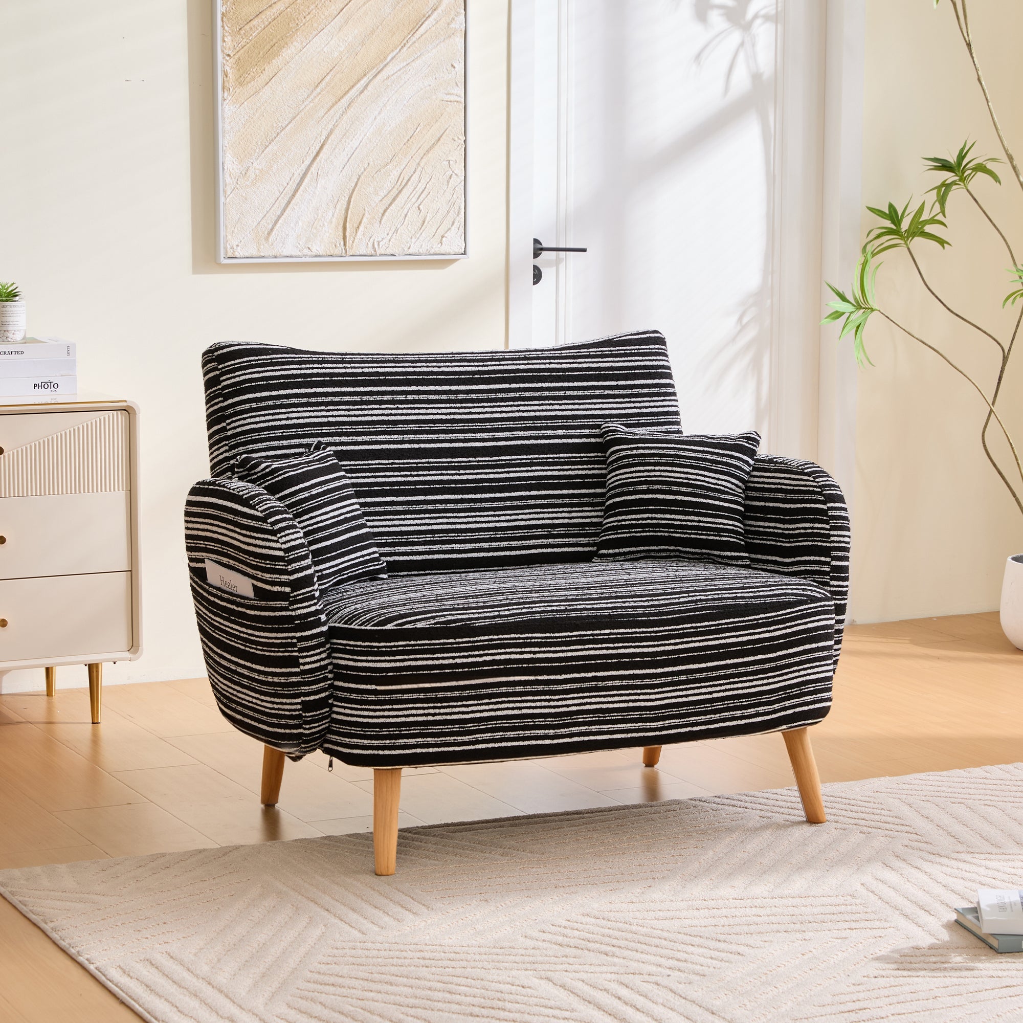 Modern Two-Seater Sofa with Armrest Cushions and Storage Bag, Boucle