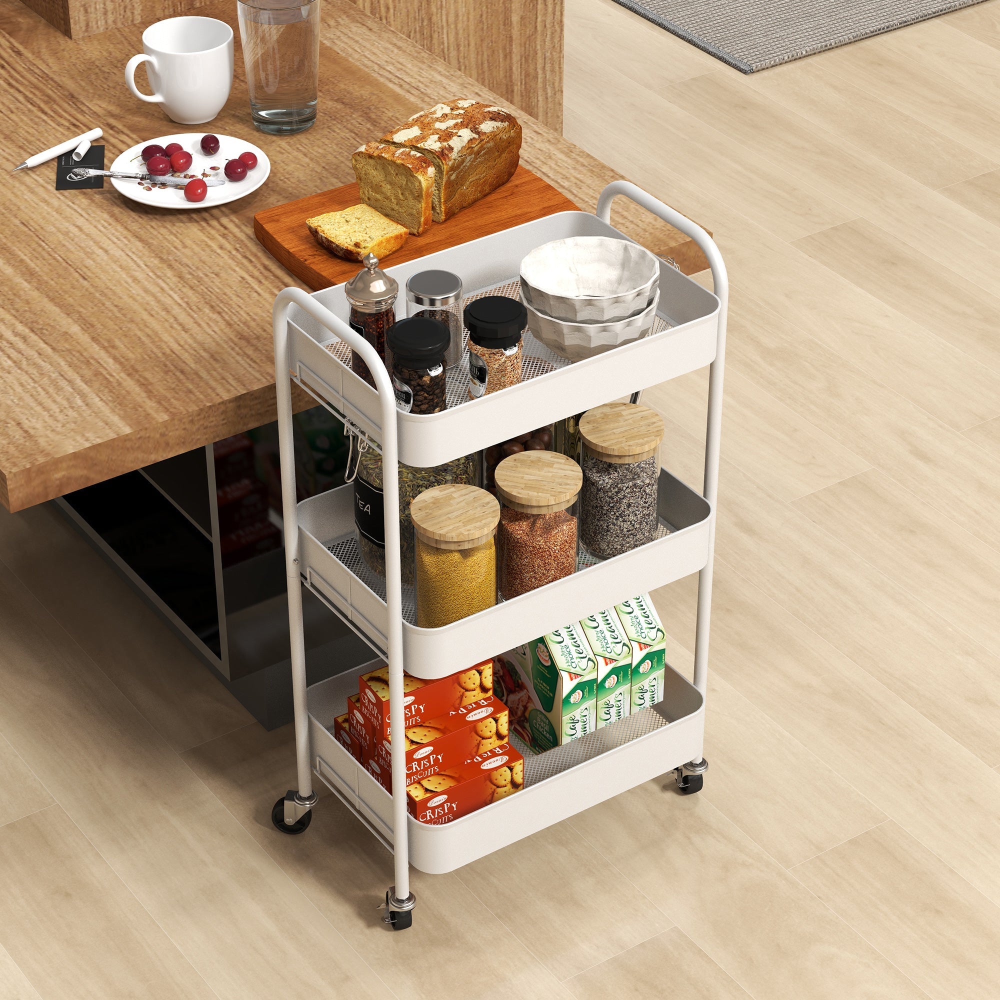 Serving Trolley 3-Shelf Storage Kitchen/Living Room, White Steel
