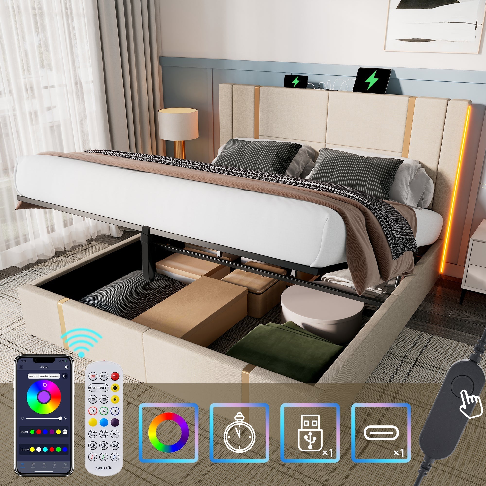 Upholstered Double Bed, 180x200cm, USB-C, APP Control, LED, Storage, Beige Linen