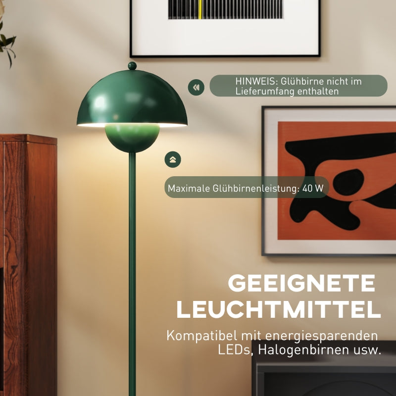 Floor lamp with round shade, reflective light, foot switch, steel stand, green