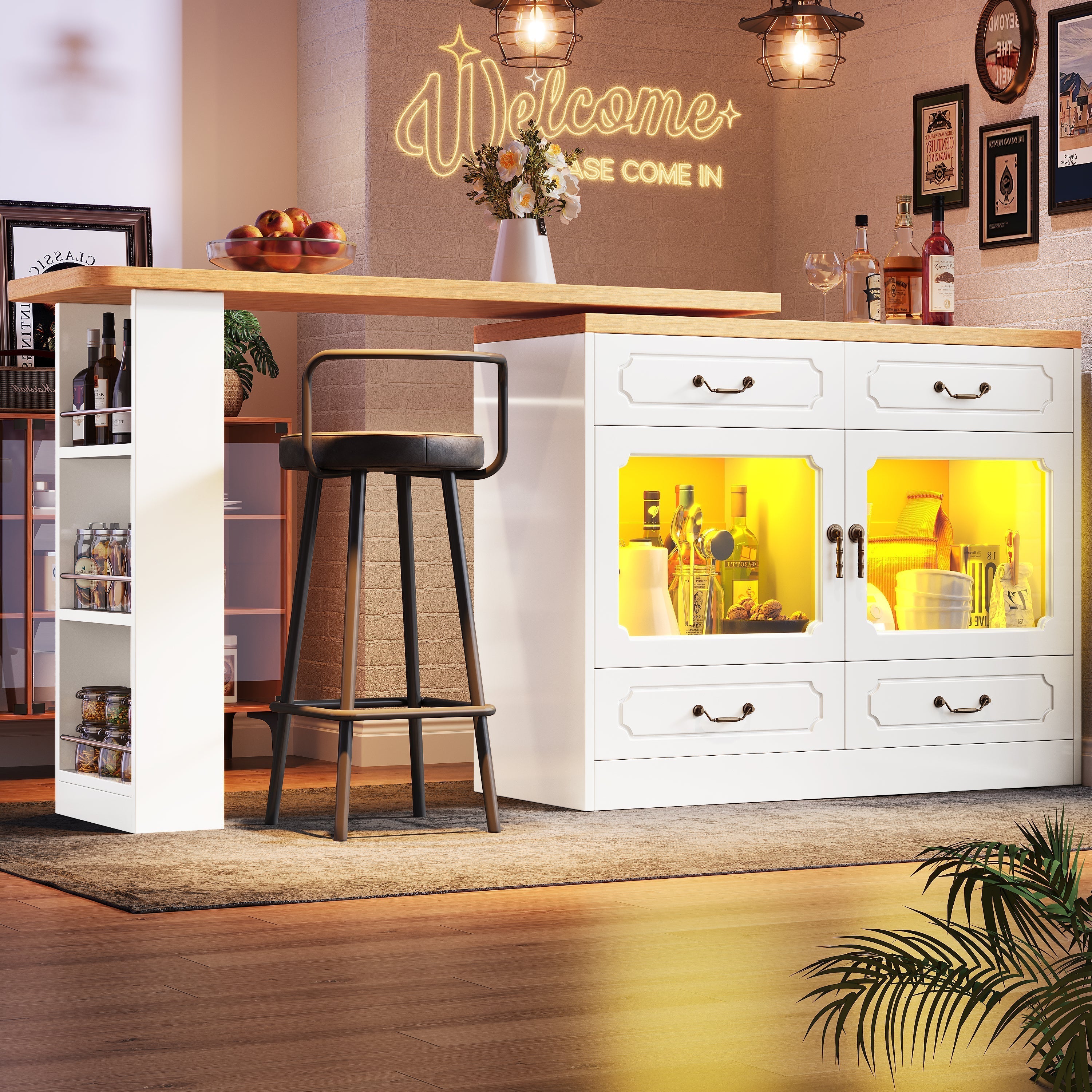 Bar Table Kitchen Island Extendable 360° Rotatable LED Storage White