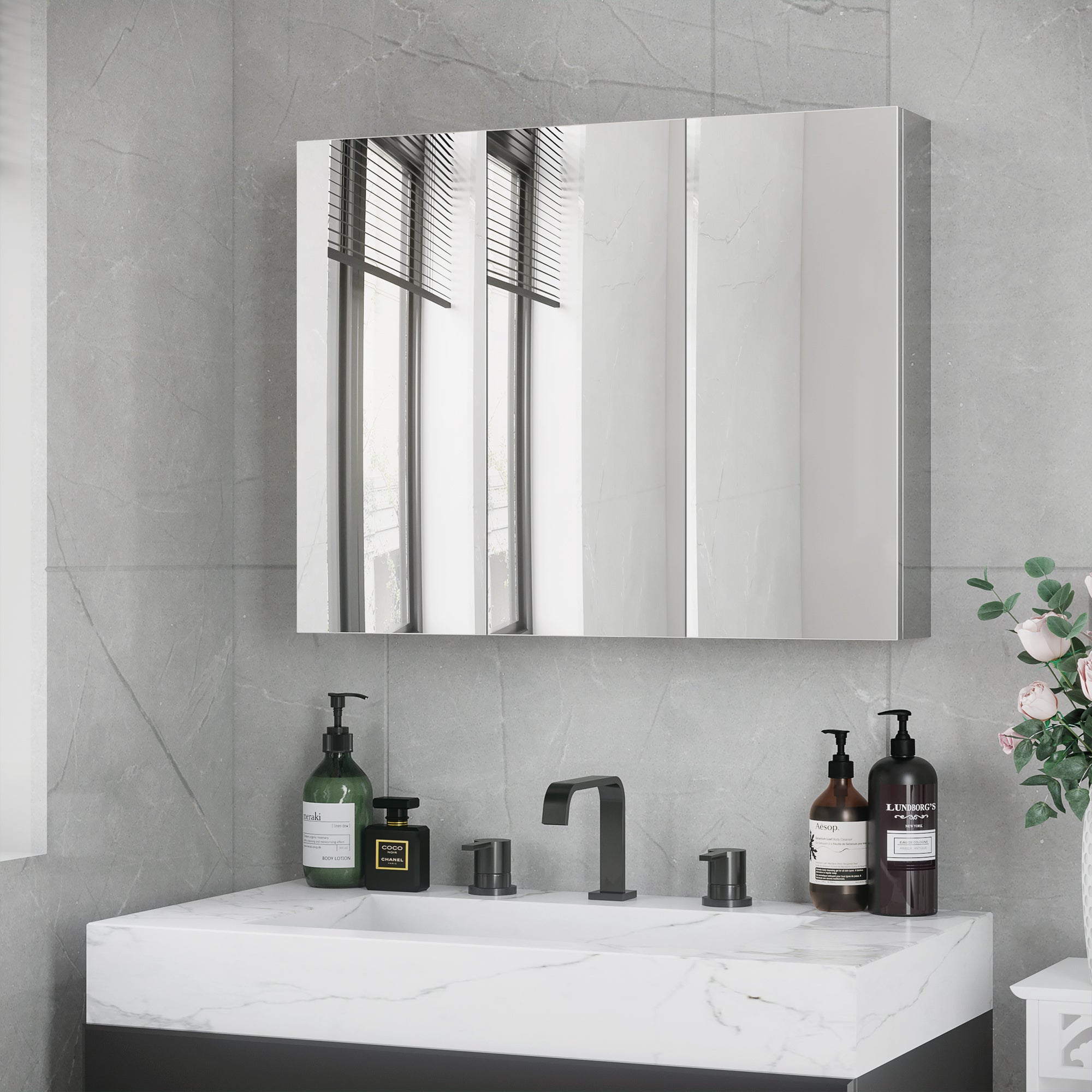 Bathroom Cabinet Mirrored Wall-Mounted 3 Glass Doors 5 Shelves, Stainless Steel Silver 70x12x55cm
