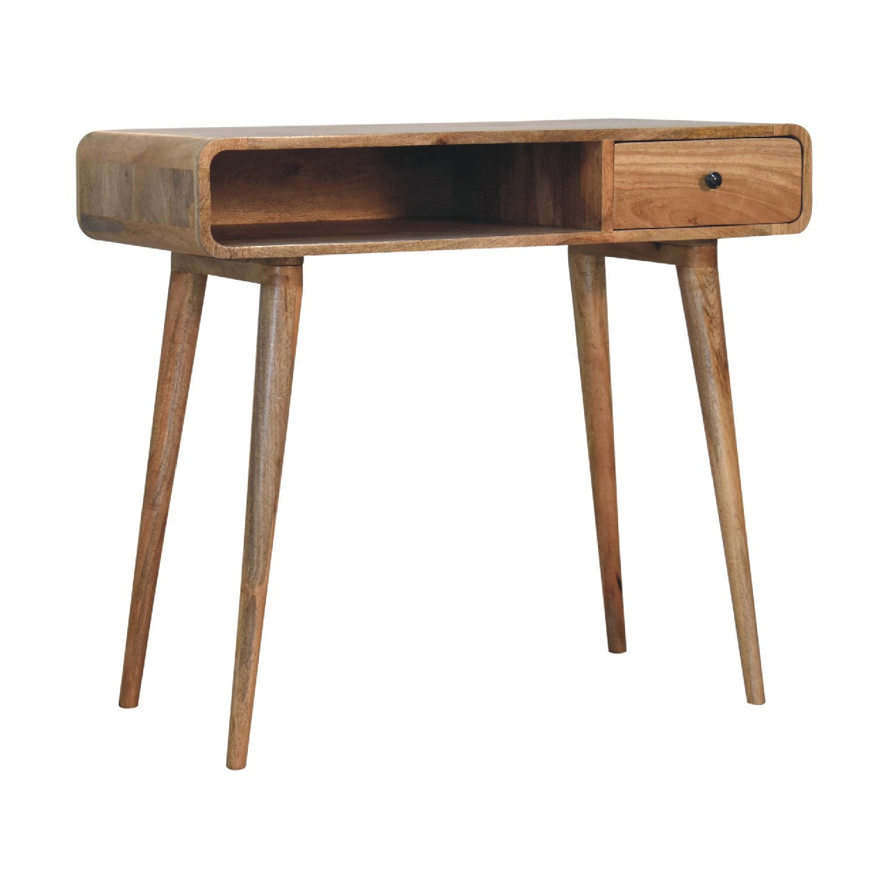 Writing Desk, Curved 1 Drawer Open Slot, Solid Wood Brown