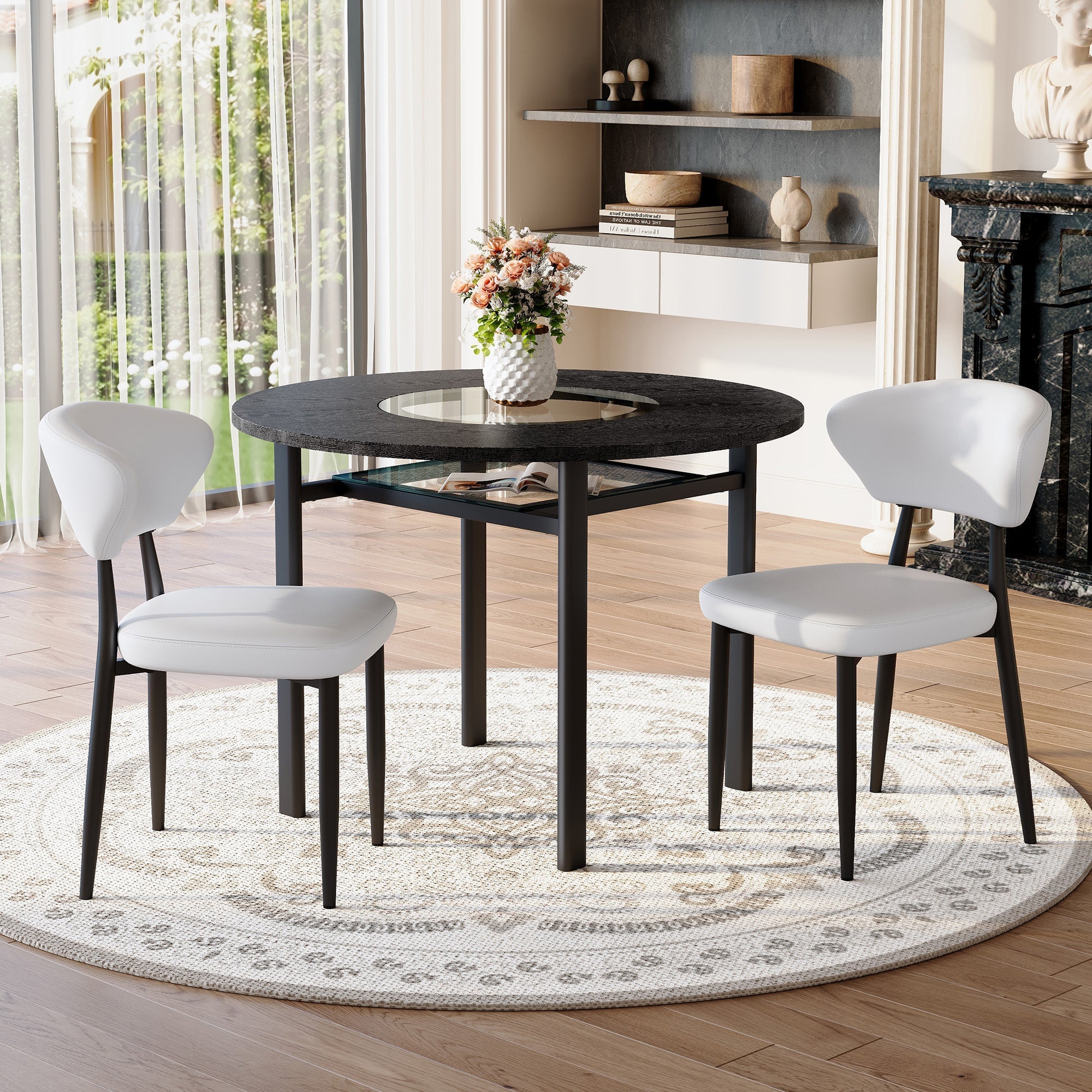 Round Table Set Modern Minimalist 100cm with 2 White PU Armchairs - Black Wood Look