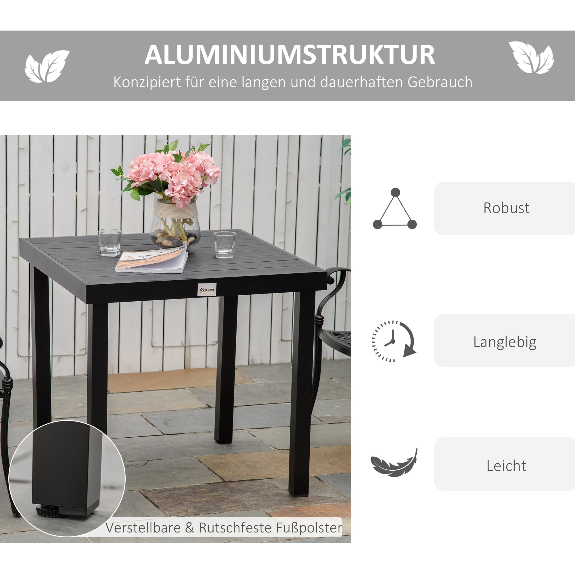 Garden Table Compact Dining 4-Person 80x80x74cm Aluminum & Plastic, Black
