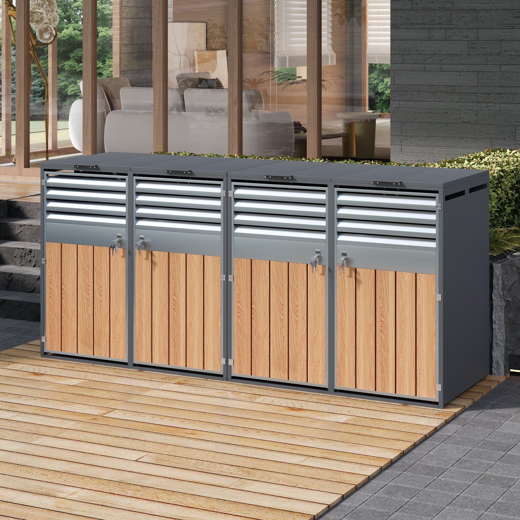 Bin Storage Box with Hinged Lid, Louvered Ventilation and 4 Lockable Doors, Metal