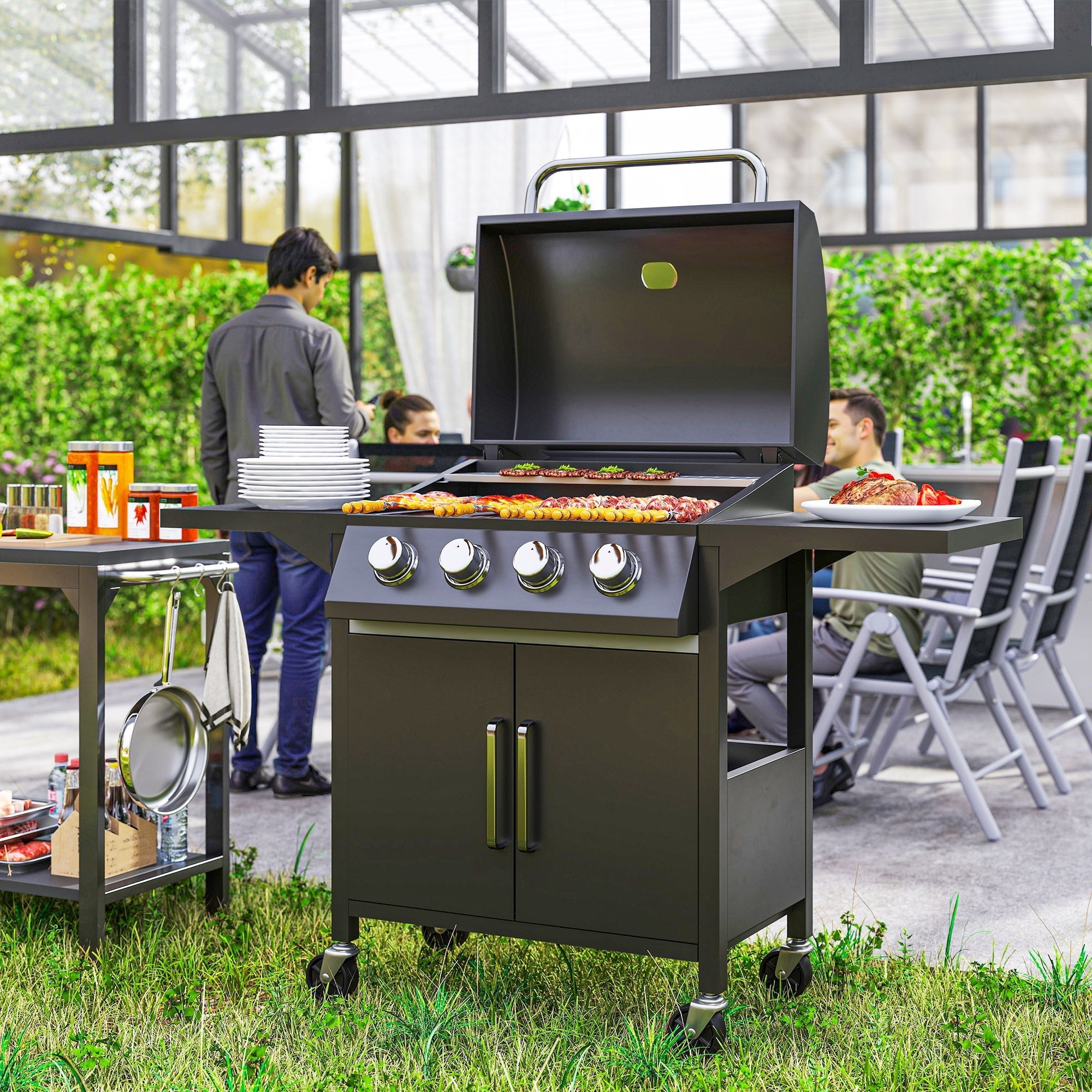 4 Burner Gas BBQ Grill, Portable Trolley w/ Warming Rack, Side Shelves & Storage, Carbon-Steel