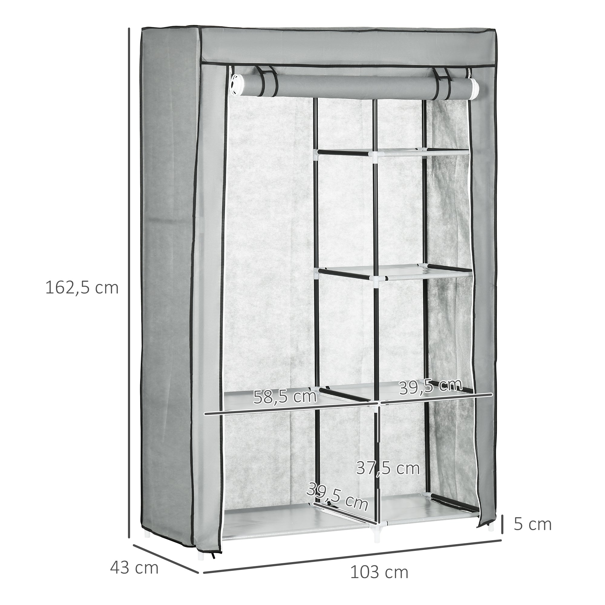 Wardrobe Fabric, 6 Compartments, Foldable, Grey