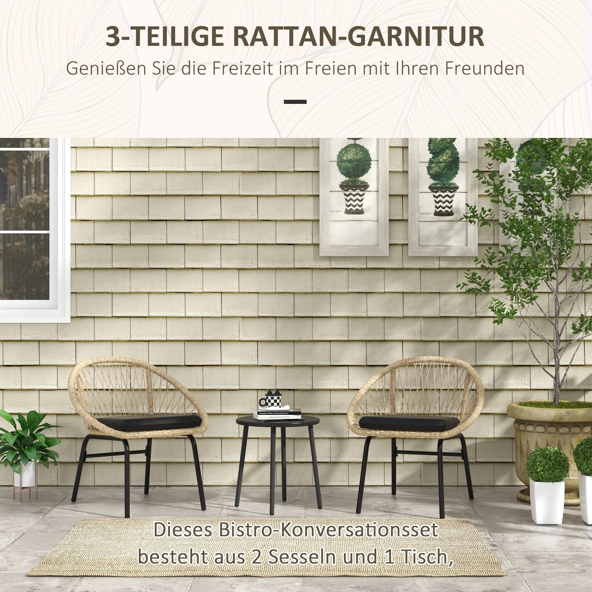 3-piece Rattan Garden Furniture Set with Coffee Table & 2 Chairs, Weatherproof, Yellow Polyester