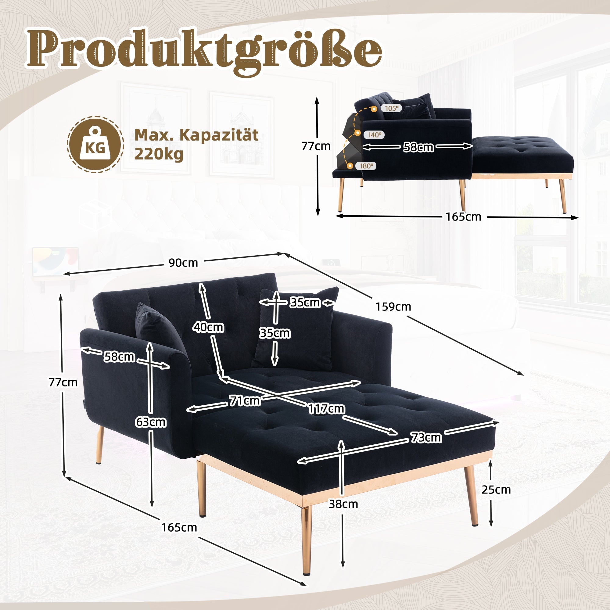 Armchair, Adjustable Backrest Folding Recliner, Ferrous