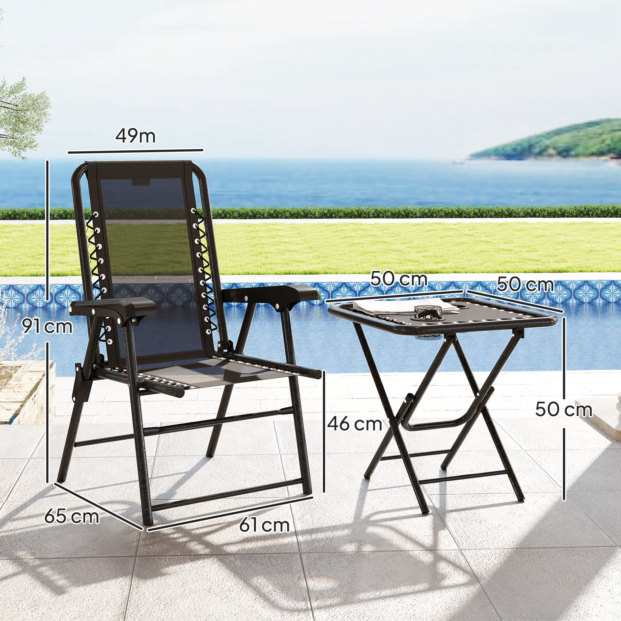 Three-Piece Garden Table and Chair Set, Folding Bistro Black