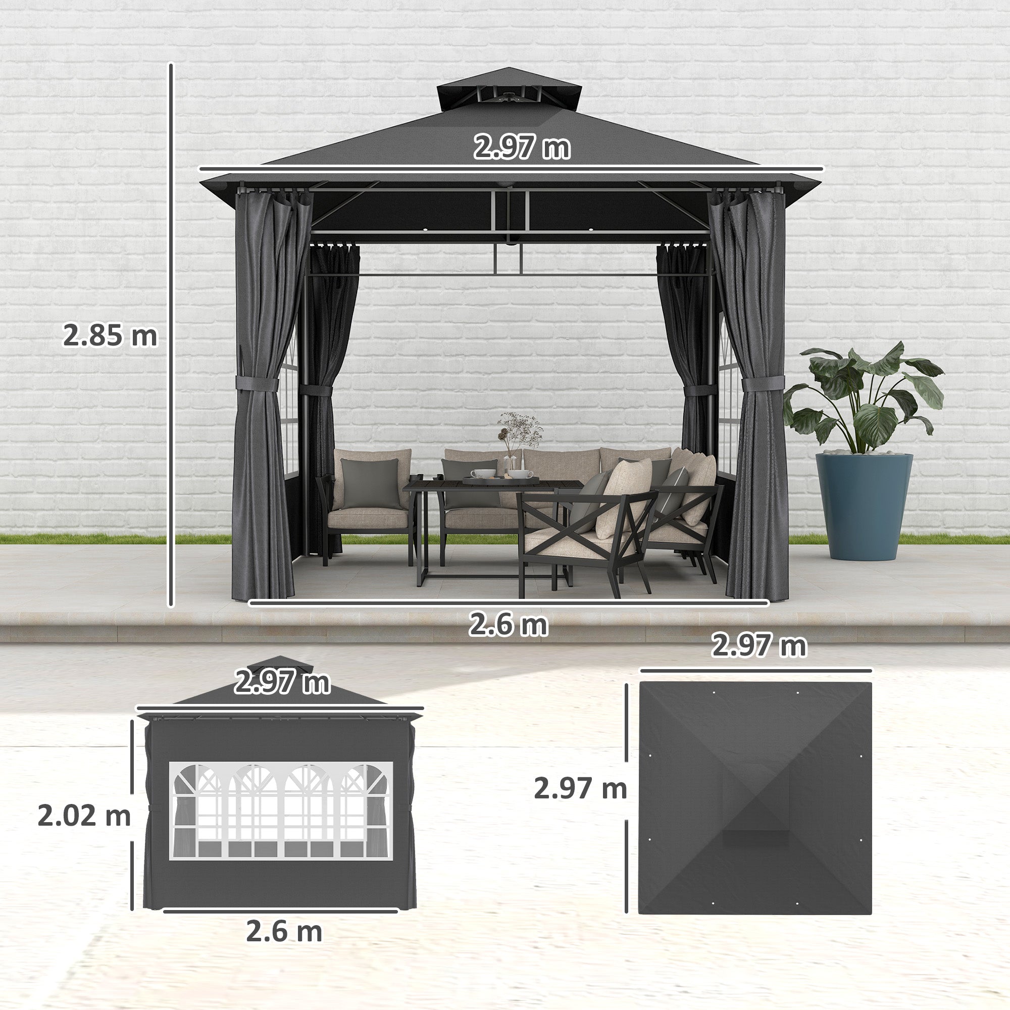 3 x 3 m Gartenpavillon, Doppelter Dachbezug mit abnehmbaren Seitenteilen und Kirchenfenstern, Dunkelgrau