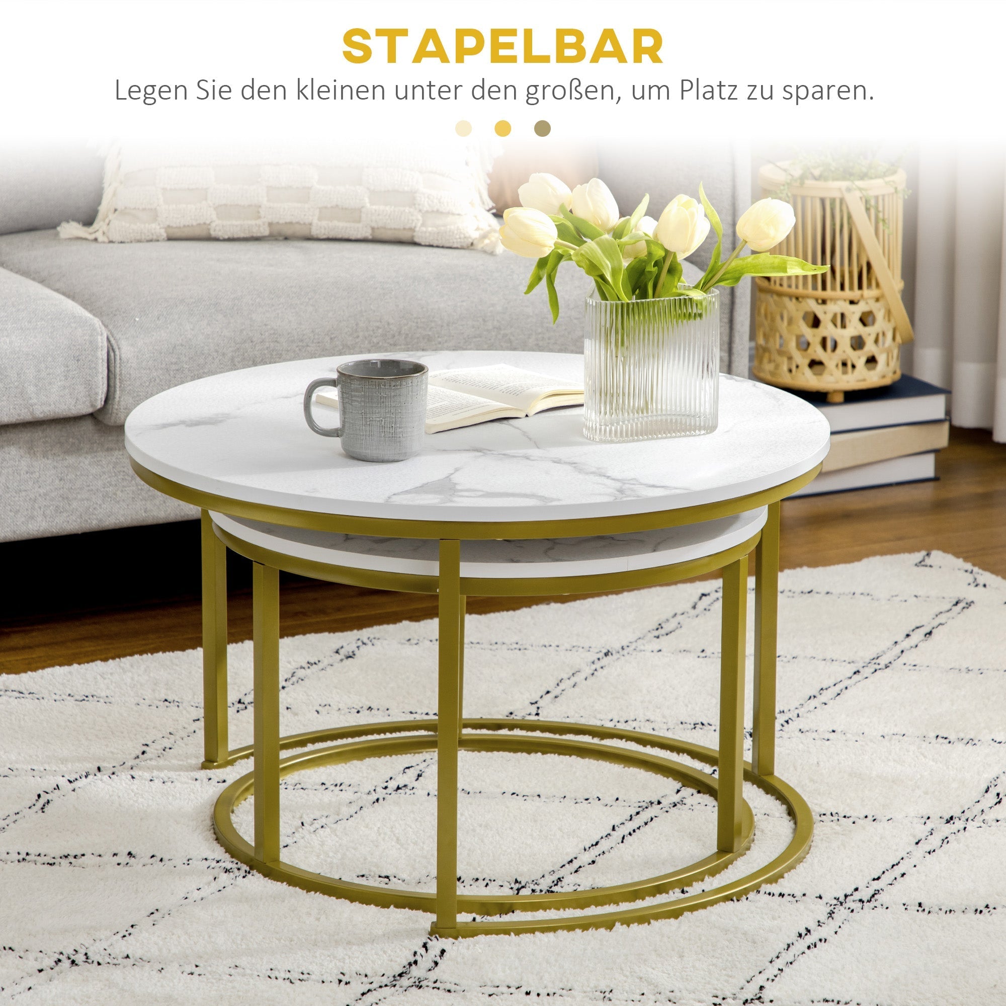 Couchtische, rund, stapelbar mit Stahlgestell, weiß