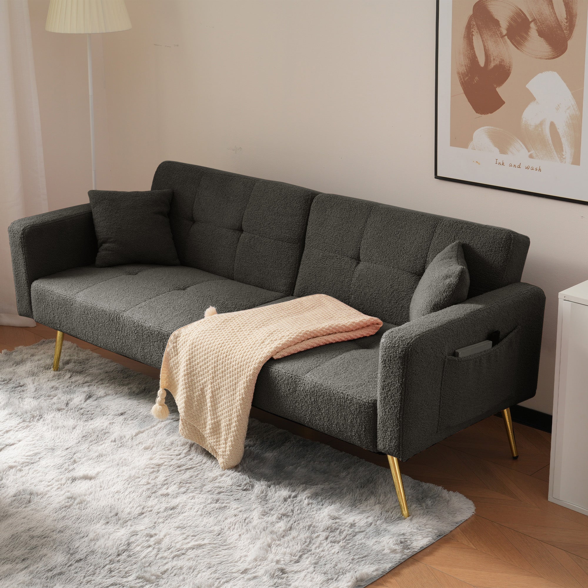 Sofa Bed with 3 Adjustable Backrests, Bed Function, Side Pockets, Sherpa Fabric