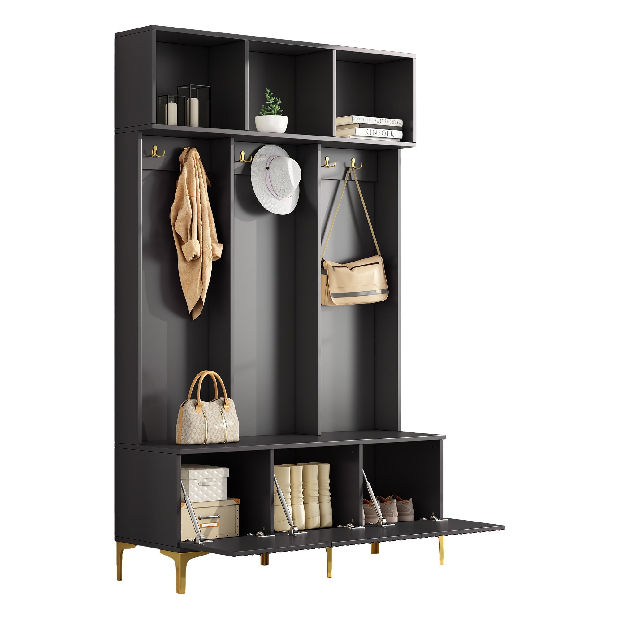 Wardrobe Set with Bench, Multifunctional Storage, Open Storage, 6 Golden Hooks, Black