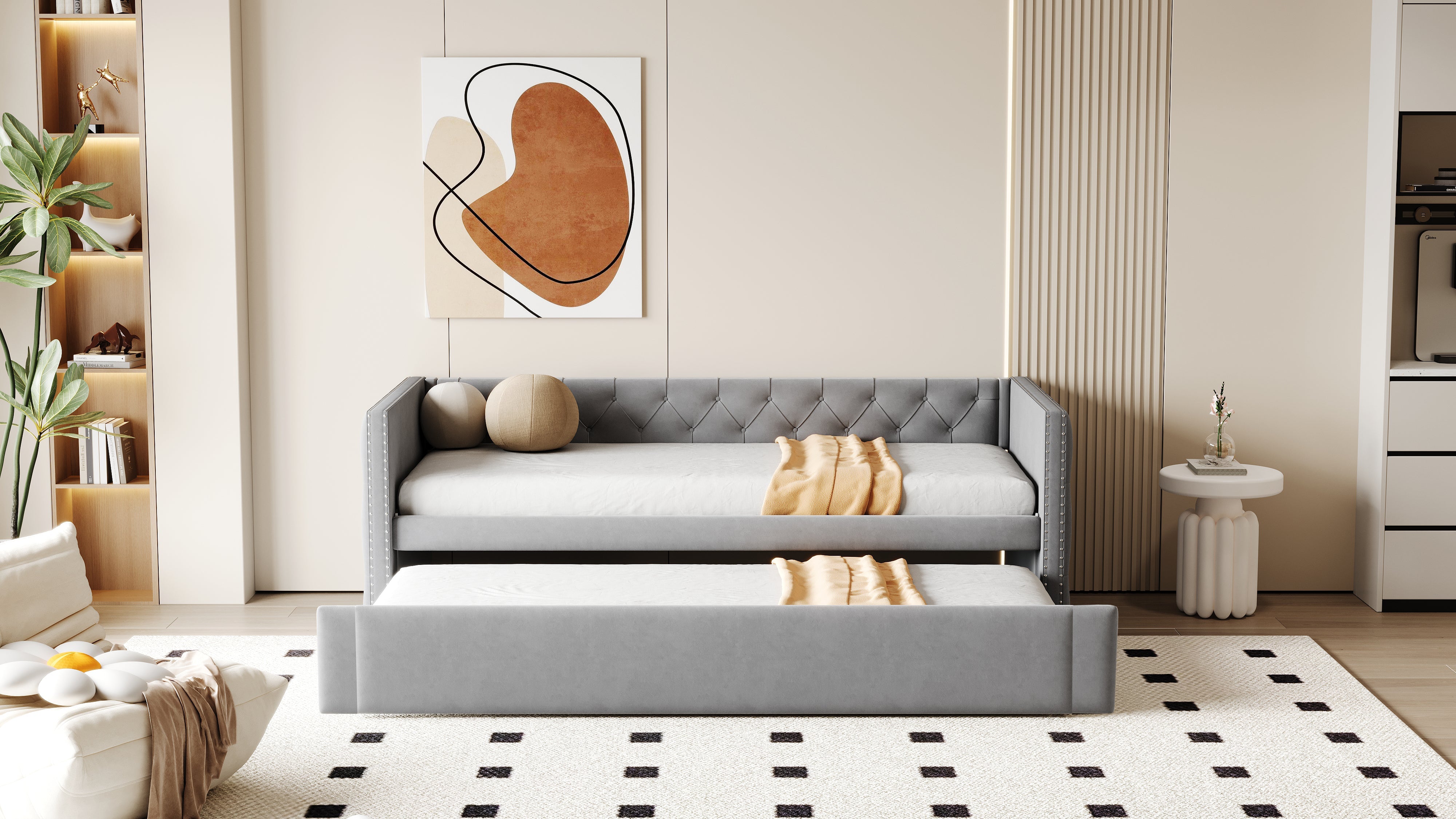 Upholstered Bed, Pull-Out Sofa Bed, 90x200cm, Classic, Guest Bed, Light Grey Velvet