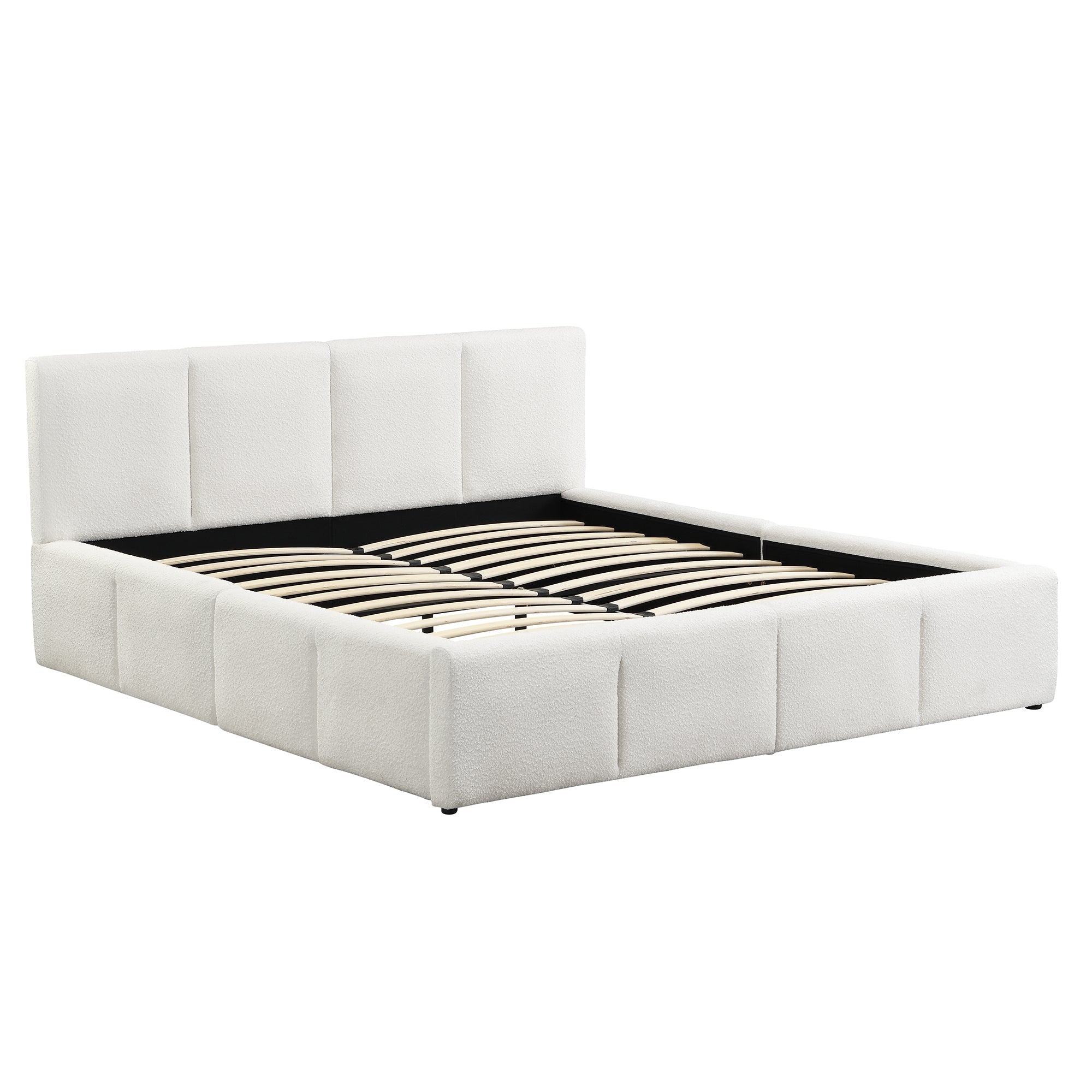 Upholstered Double Bed, 180x200cm Slatted Base Headboard, Beige Bouclé