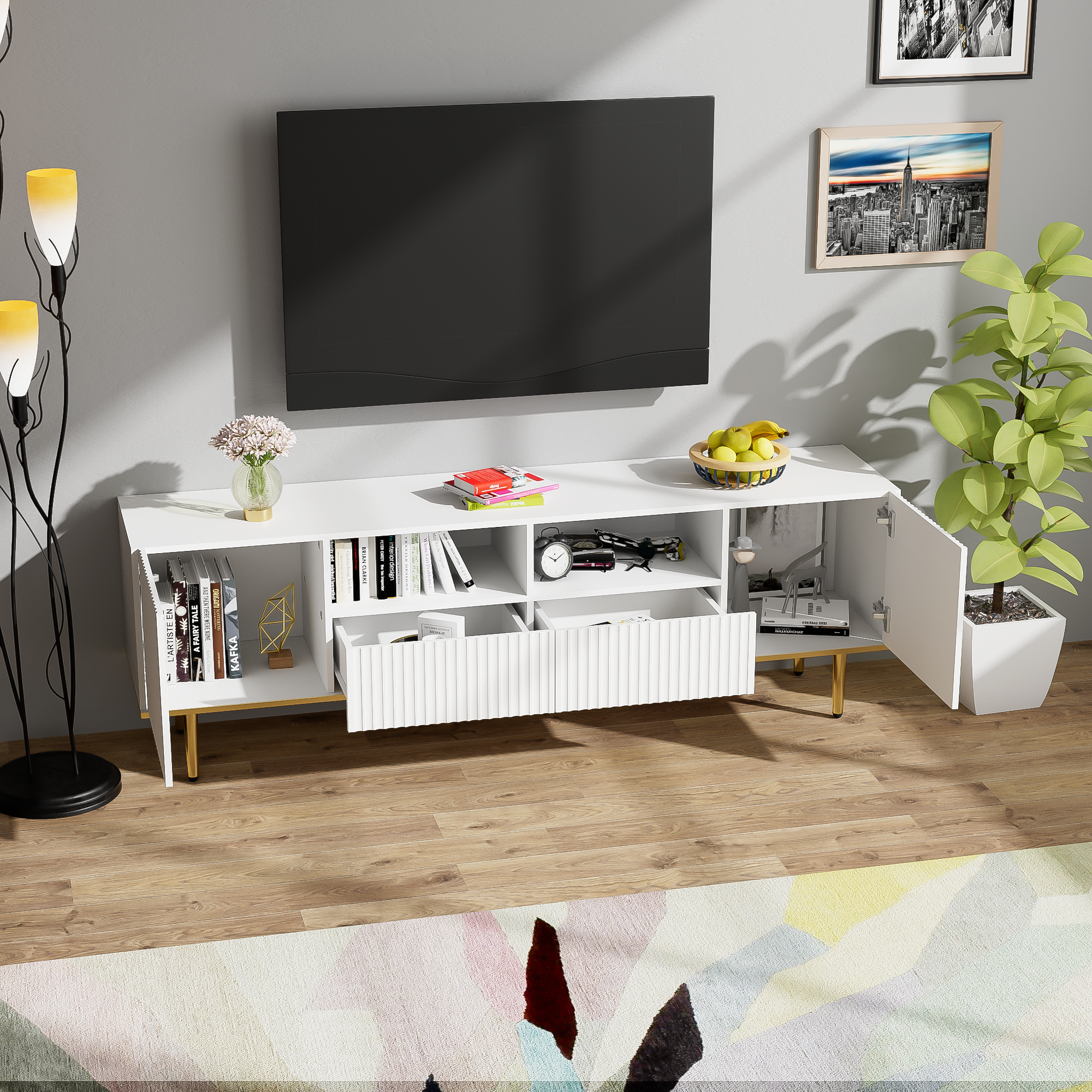 TV Cabinet, Modern with Gold Legs and Trim, Gold