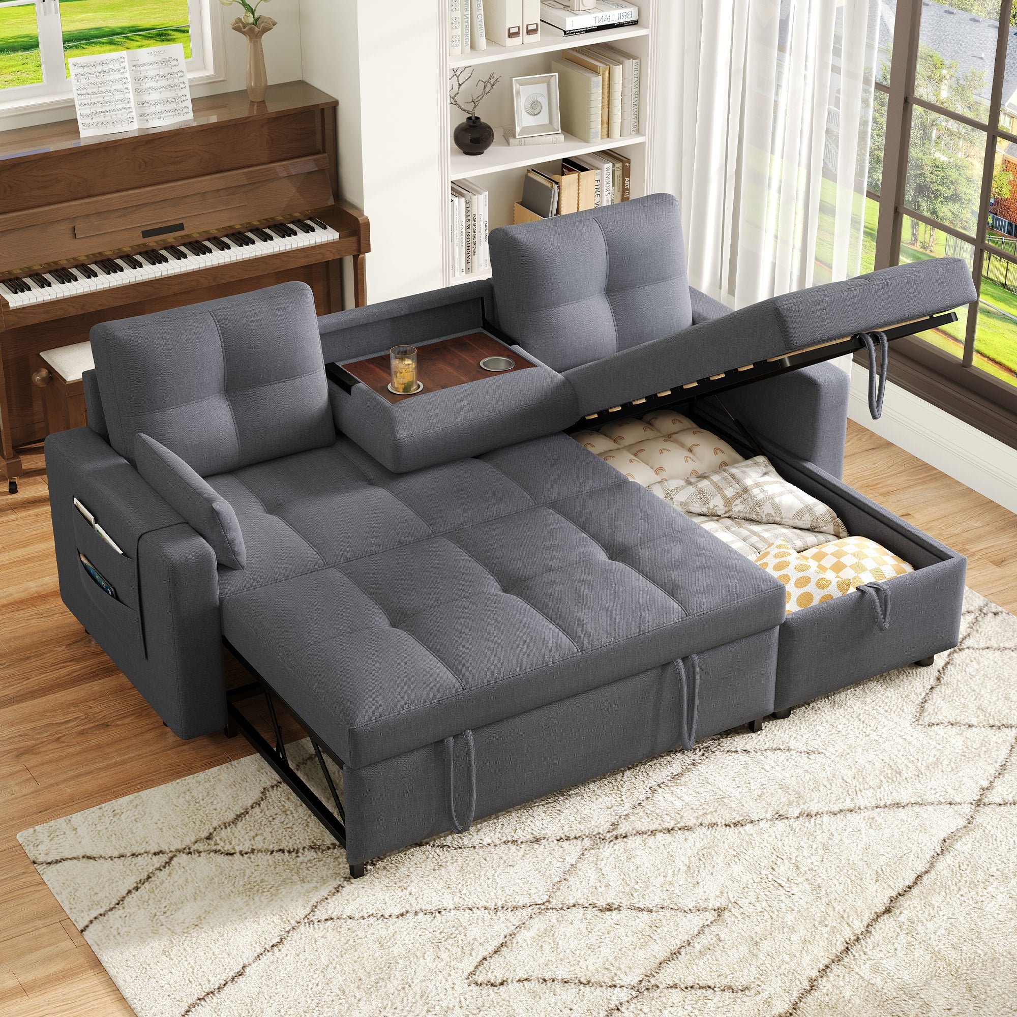 Modern L-Sofa Modular Pull-out Sofa Bed Sleeping Function Storage Cup Holder