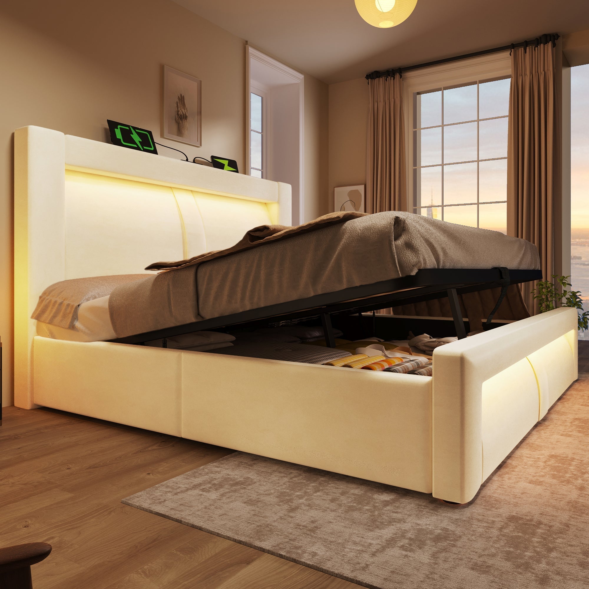 Double Bed with Hydraulic Storage, LED and USB Charging Ports, Beige Velvet