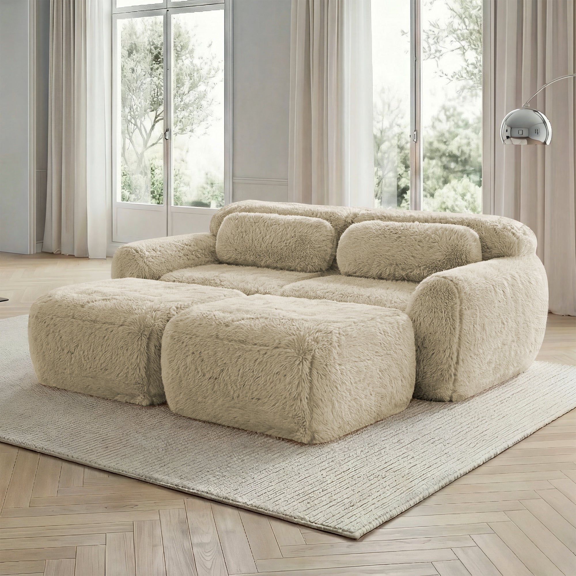 Boneless Cloud Modular Sleeper Sofa with 2 Ottomans - Soft Plush Light Khaki