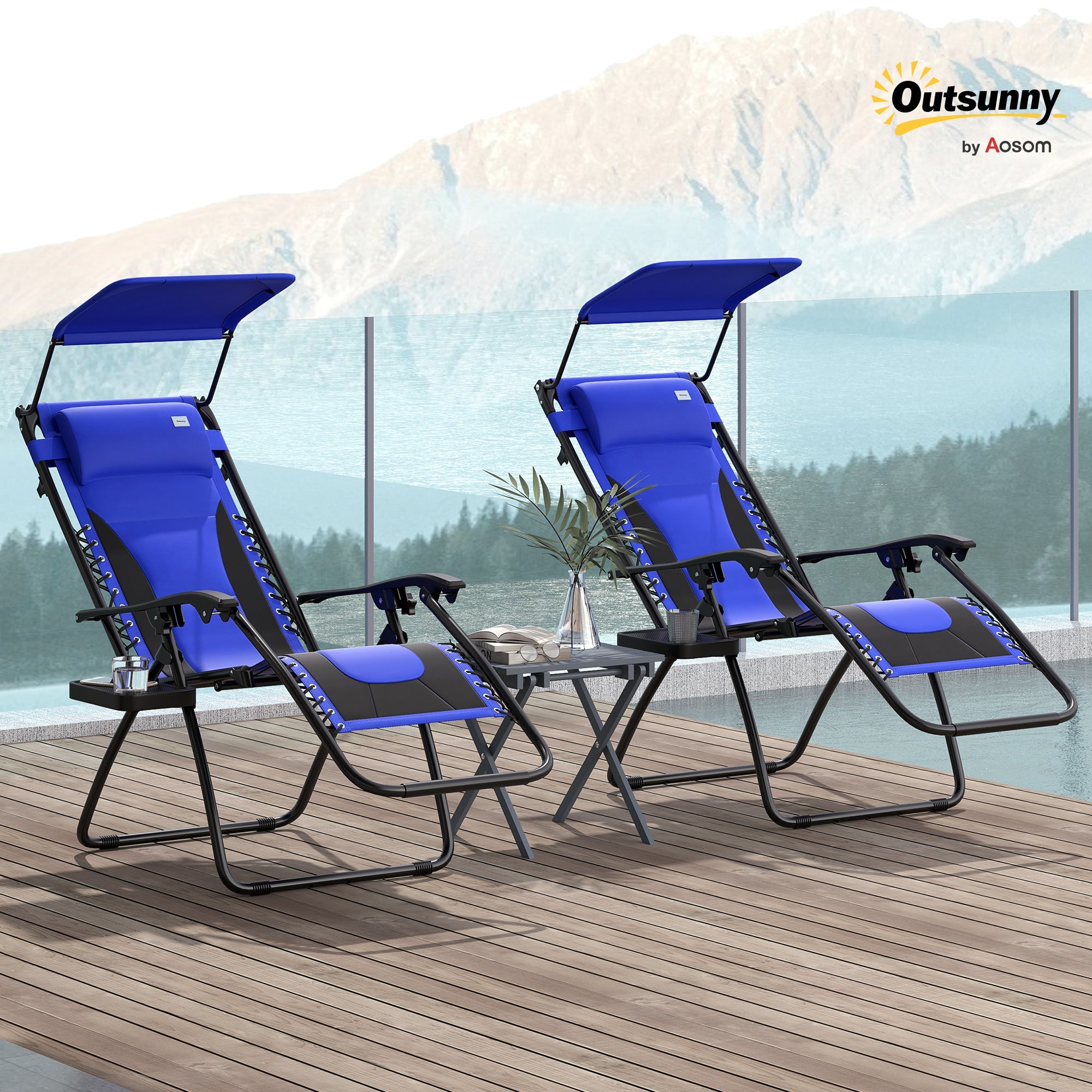 Zero Gravity Lounger Chair Set of 2, Folding Reclining with Shade, Cup Holder, Blue