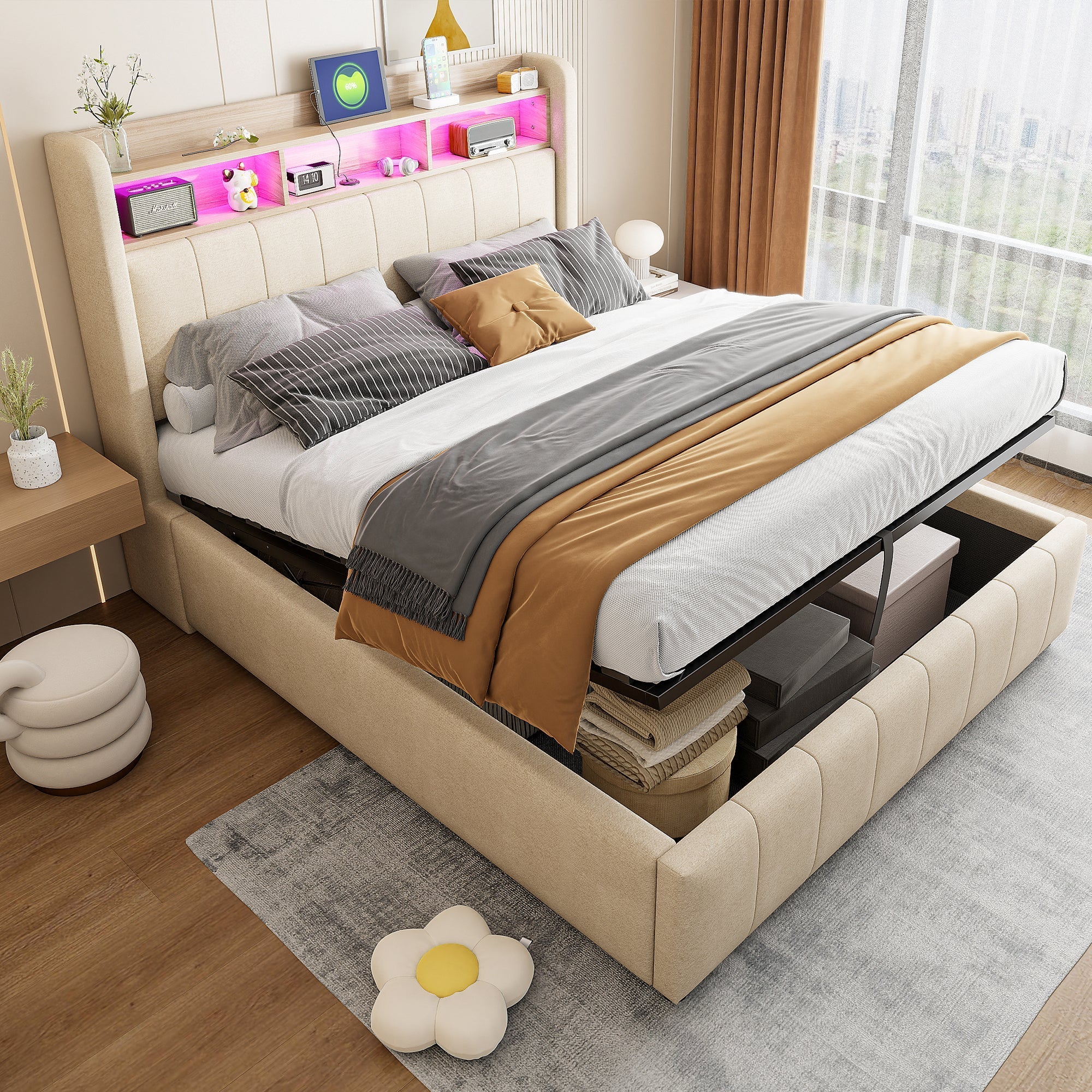Upholstered Bed 140*200cm, LED Lighting, USB Socket, Headboard with Shelves, Hydraulic Storage, Double Bed, Beige Linen Fabric