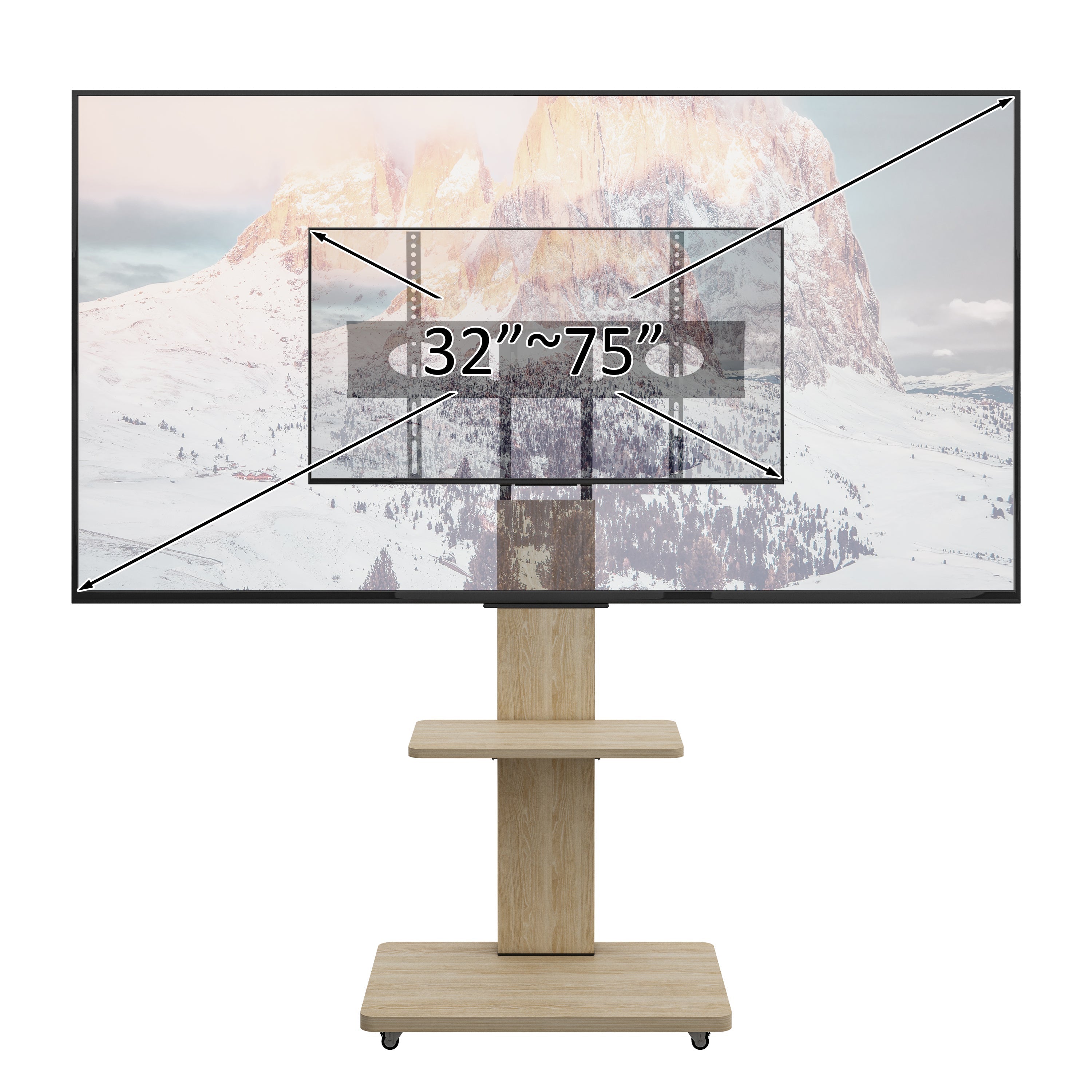 Mobile TV Stand Height-Adjustable Storage 32-75 Inch Lockable Wheels - Natural