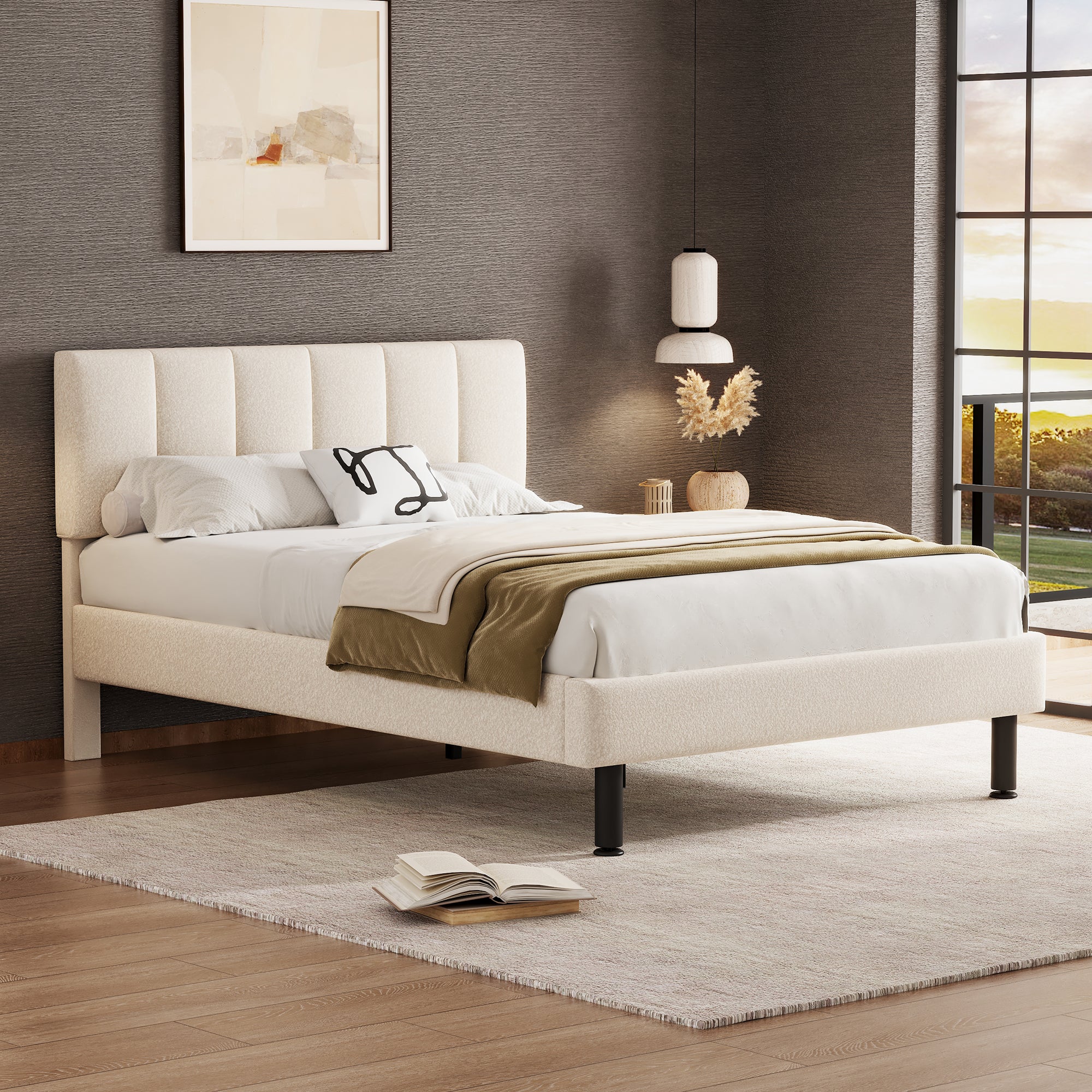 Upholstered Bed 140x190 Slatted Base Iron Legs Sherpa Fabric Beige