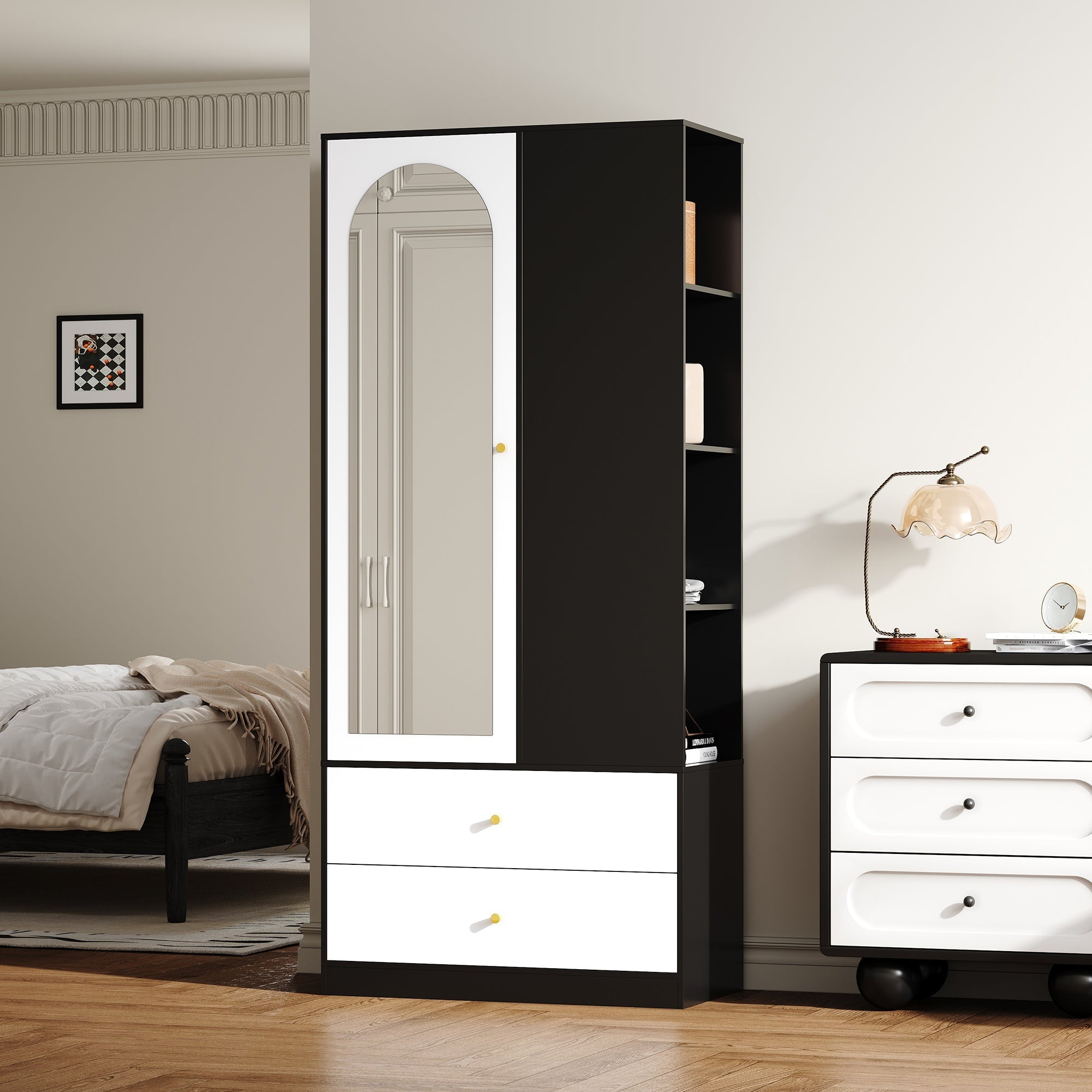 Wardrobe with Mirror 2 Drawers 4 Shelves Bedroom Storage 80x40x180cm White and Black